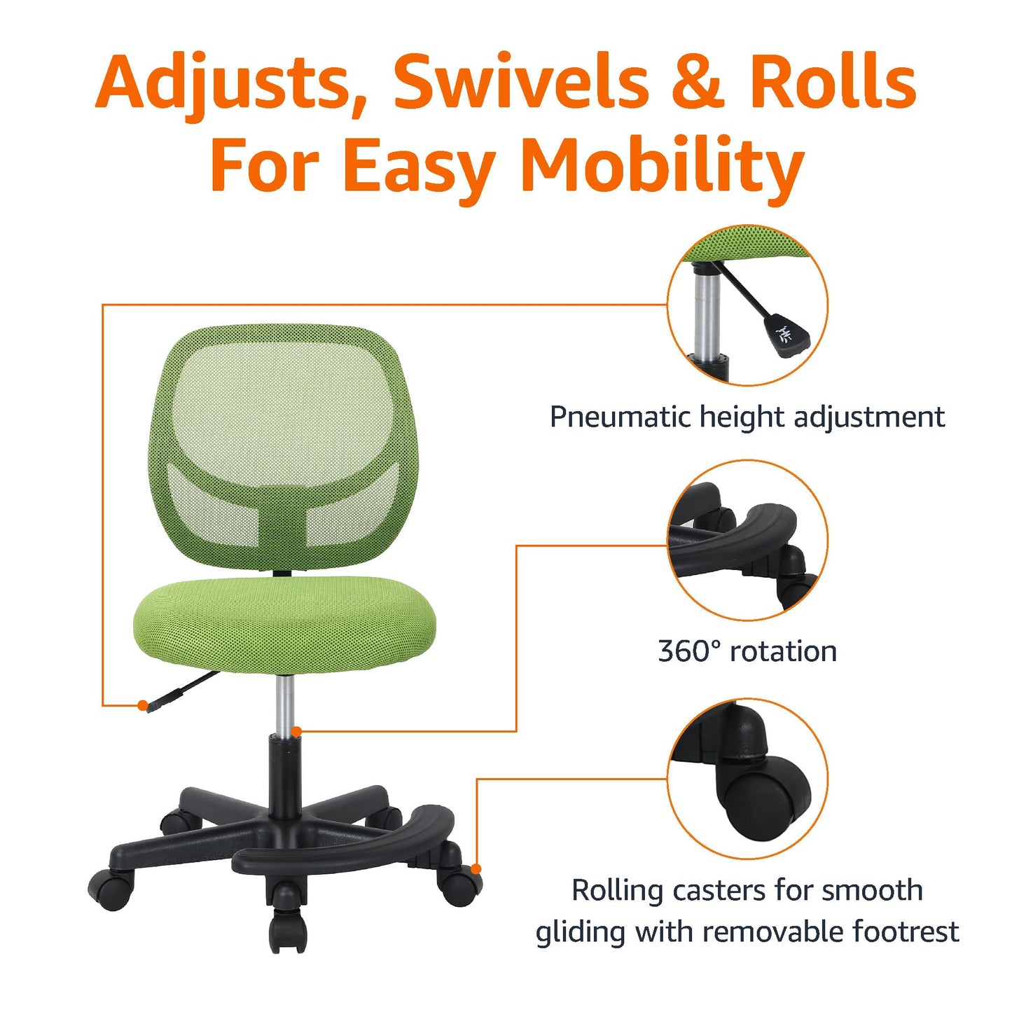 Amazon Basics Kids Adjustable Height Mesh Low-Back Swivel Desk Chair with Footrest, Rolling Computer Chair for Student Homework, Green