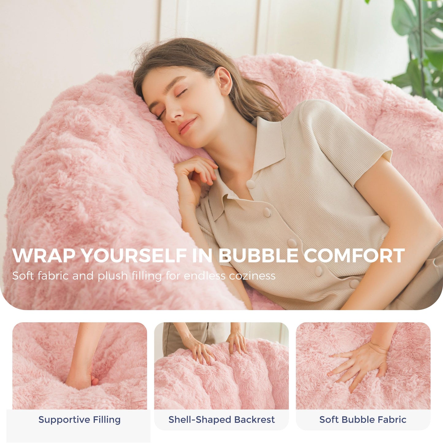 MAXYOYO Giant Bean Bag Chair for Adults, Stuffed Shell-Shaped Large Bean Bag Couch, Cozy Living Room Chair with Filler, Lazy Floor Sofa for Bedroom Living Room, Pale Pink