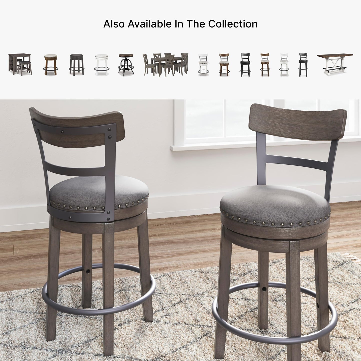Signature Design by Ashley Caitbrook | Farmhouse Swivel 24" Counter Height Barstool – 360° Swivel, Upholstered with Nailhead Trim, Metal & Wood Frame, Gray