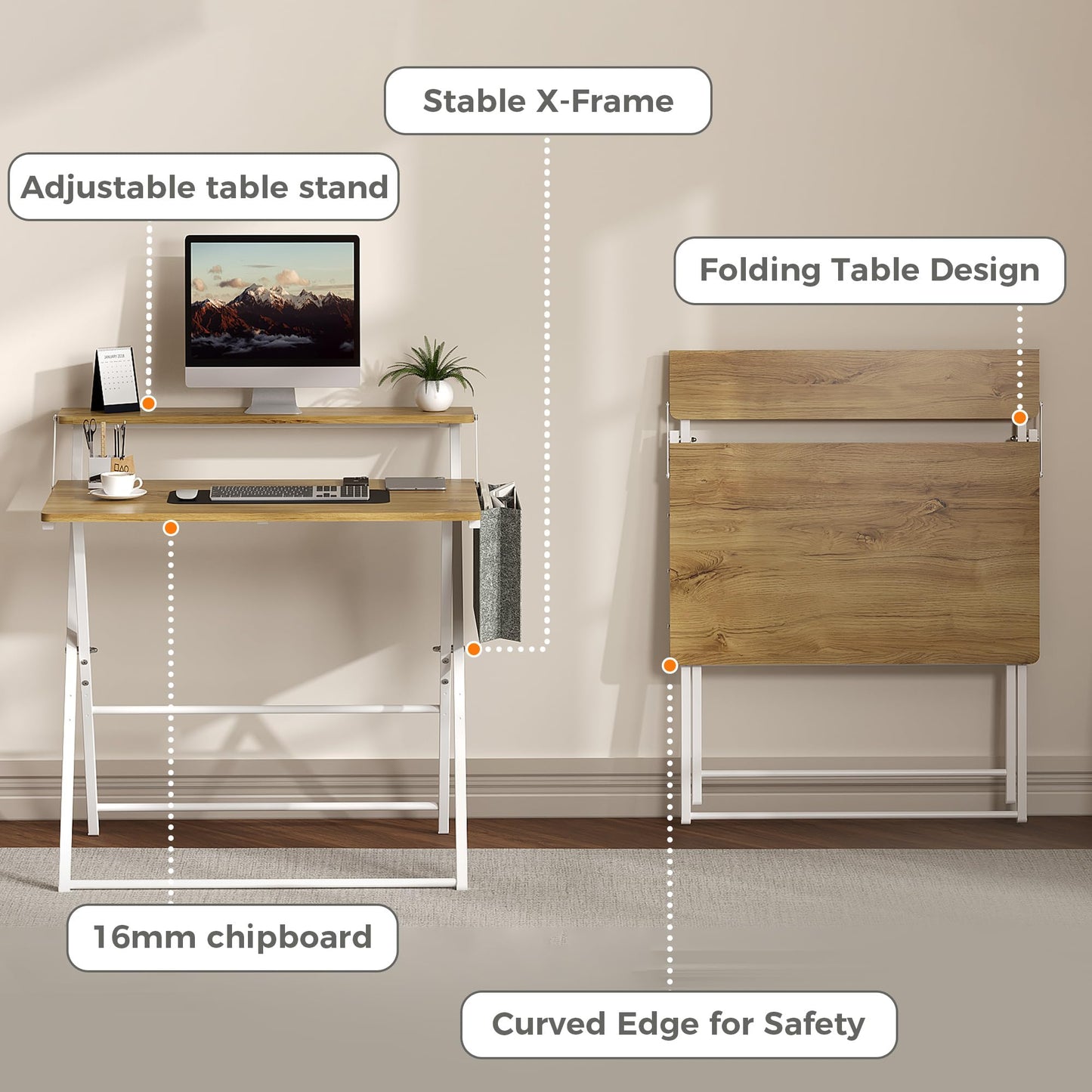Small Desk No Assembly,31.5Inch 2-Tier Compact Computer Desk with Shelf & Side Pocket,Space Saving Foldable Table for Home Office, Bedroom or Apartment,Portable Collapsible Sturdy Laptop Desk,Oak