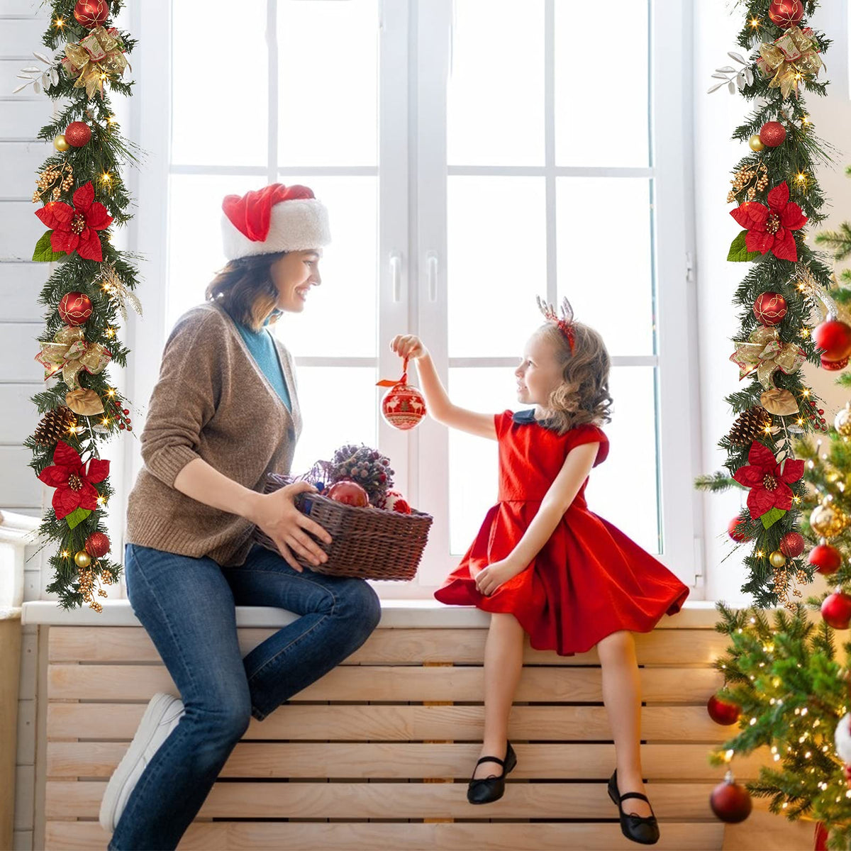 Adeeing 6FT Christmas Garland with Lights, Prelit Artificial Christmas Garland with Pine Cones Poinsettia, Cordless Xmas Garland for Fireplace Mantle Stairecase Indoor Outdoor Holiday Home Decorations