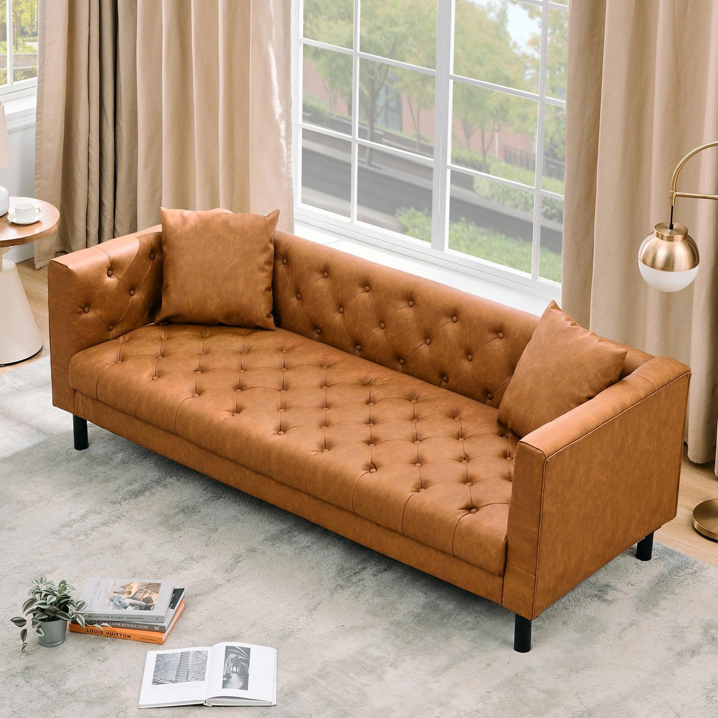 GarveeLife 81" Mid Century Modern Leather Sofa, 3 Seater Chesterfield Couch with Button Tufted Back & Deep Seat, Living Room Sofa for Apartment or Office, Orange