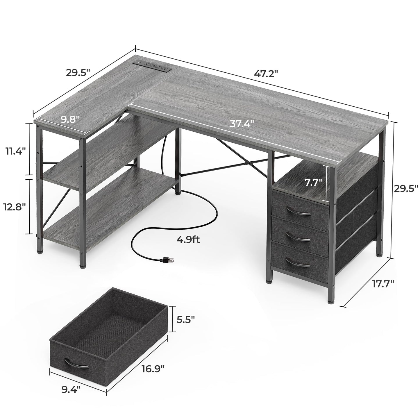 Huuger L Shaped Office Desk with Power Outlets, 47 Inch Computer Desk with 3 Drawers, Shelves, for Gaming, Corner Work, Home Office, Study, Grey
