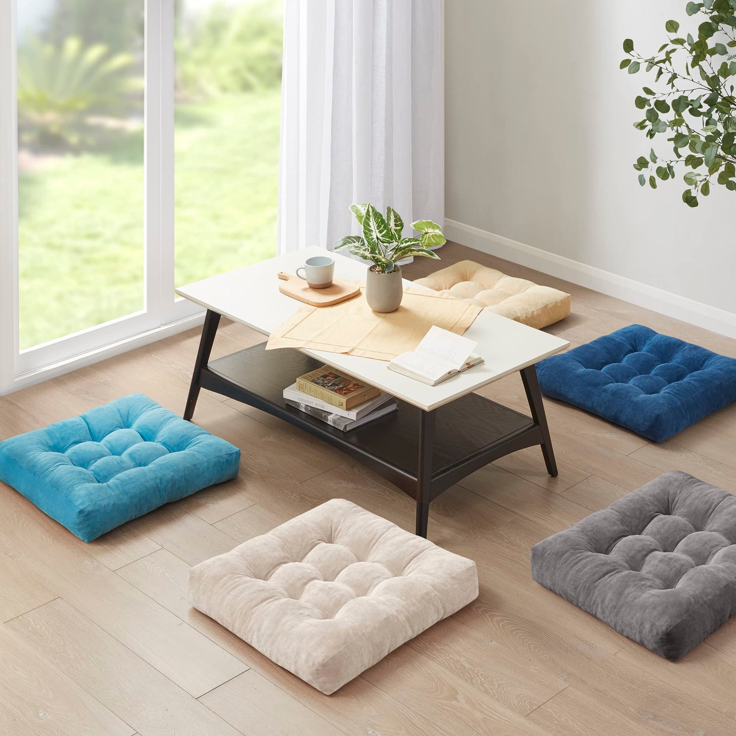 Degrees of Comfort Floor Cushion 6 Pack for Meditation, Home Office & Studio – Corduroy Soft Seating Set, 22 Inch, High-Density Foam, Square Shape, Coffee