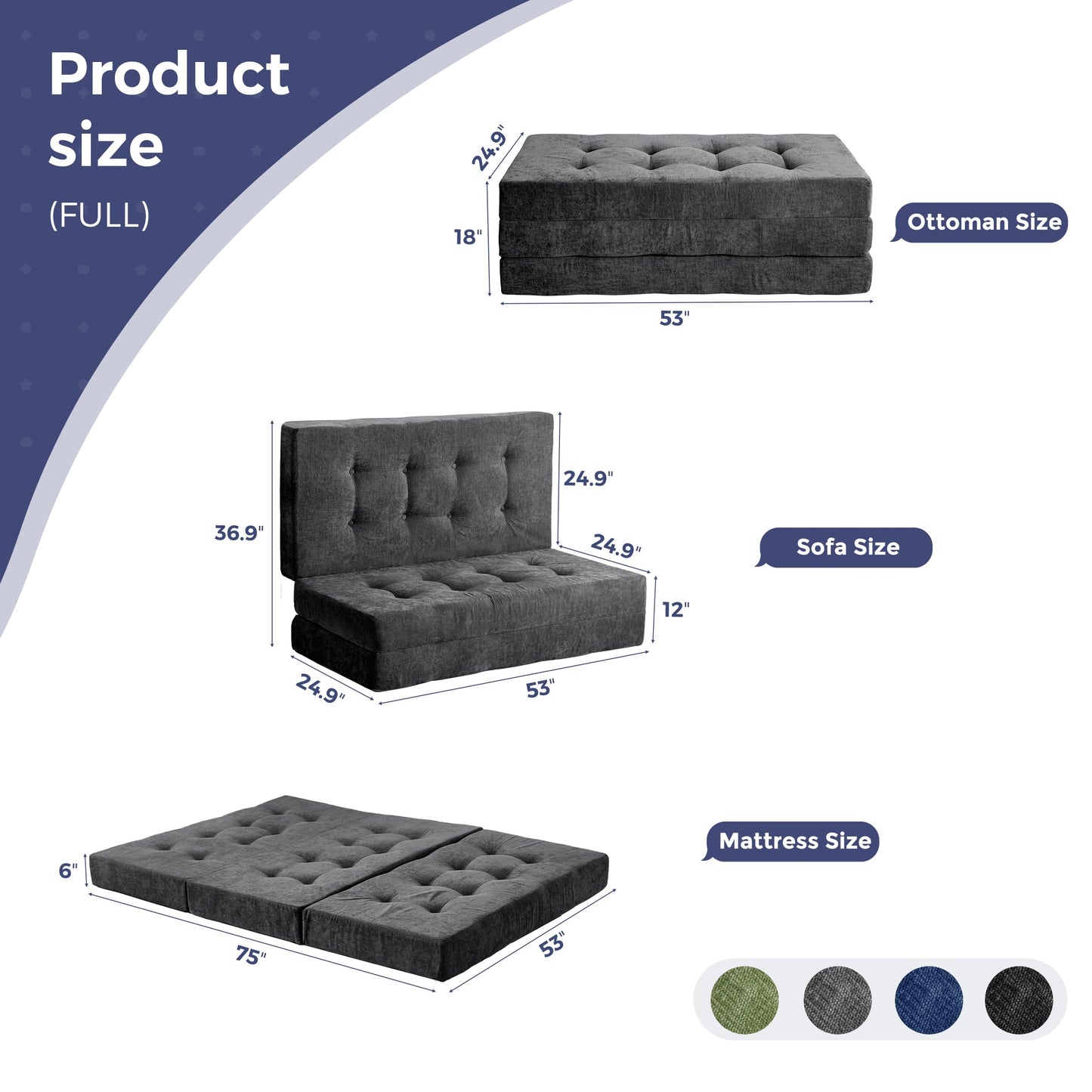 MAXYOYO 6" Folding Sofa Bed for Floor, Tufted Tri-Fold Floor Mattress with Chenille Fabric, Full Size Portable Sofa Couch Guest Mat for Adults, Foldable Topper for Camping, Dark Grey, 53"x75"