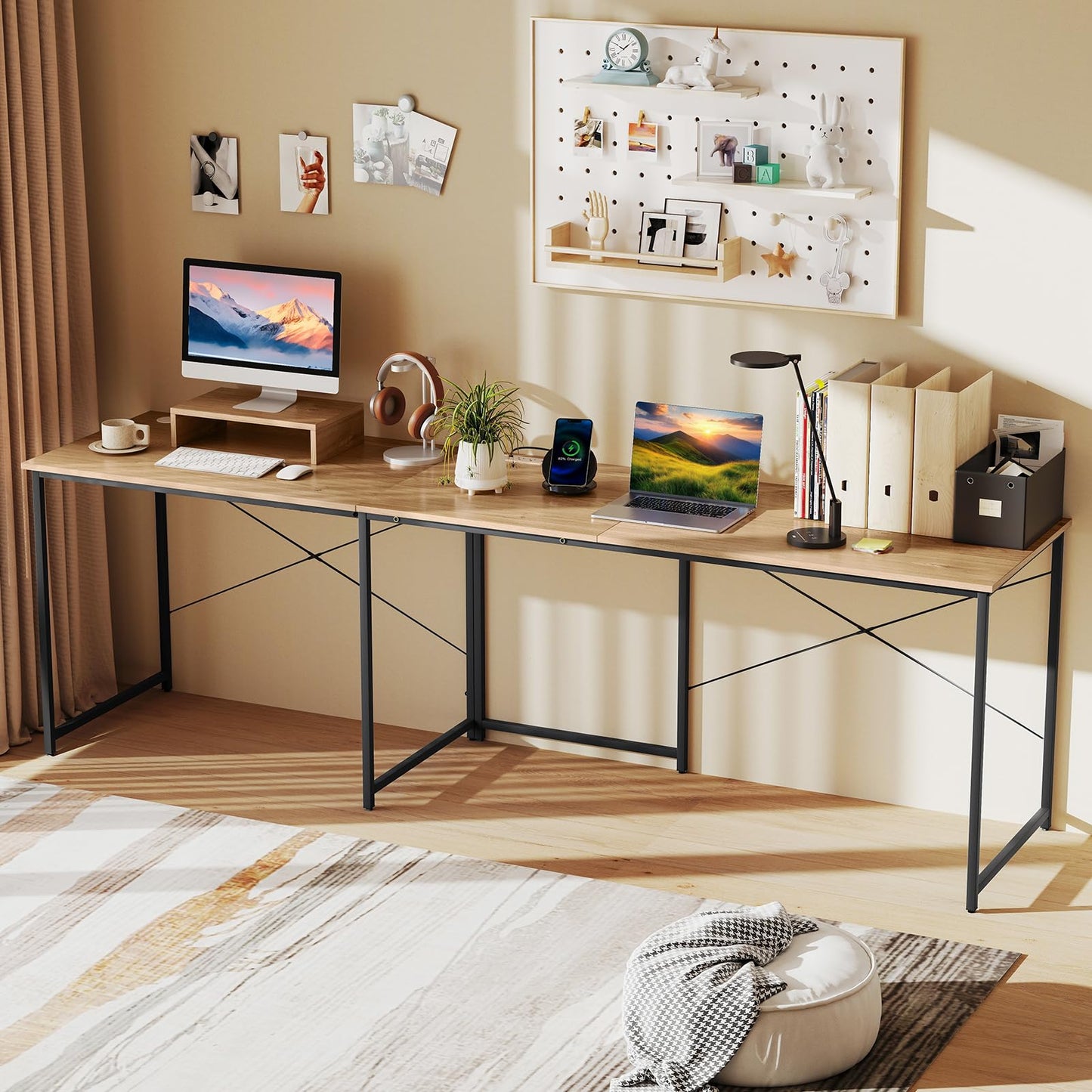 Tangkula L-Shaped Computer Desk with Power Outlets, 95” Long 2-Person Desk with Monitor Shelf, Modern Corner Desk Gaming Table with USB Ports for Home Office