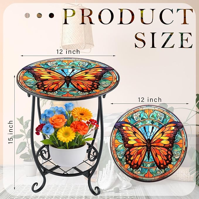 Cinnvoice Outdoor Side Table Round Small Mosaic Patio Accent Indoor End Plant