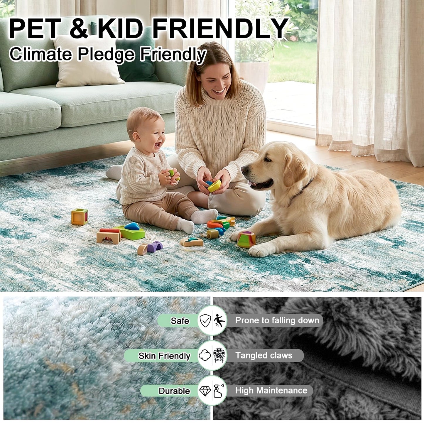 Cnythlis Washable Pet Friendly Area Rug, Water Resistant Abstract Carpet, 0.3" Low Pile, Foldable Non-Slip Silicone Backing, Living Room Nursery Bedroom, 5'x7', Sage Green