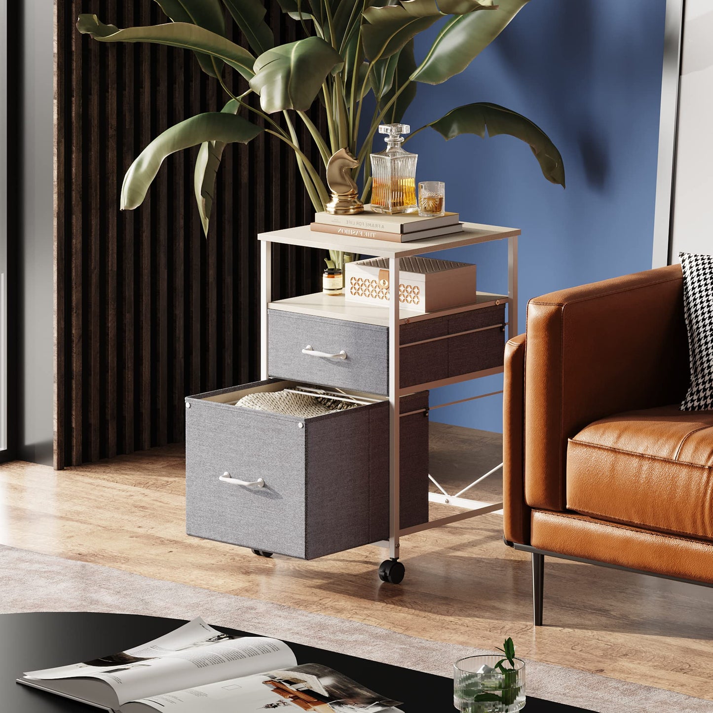 DEVAISE 2 Drawer Mobile File Cabinet, Rolling Printer Stand with Open Storage Shelf, Fabric Vertical Filing Cabinet fits A4 or Letter Size for Home Office, Light Grey