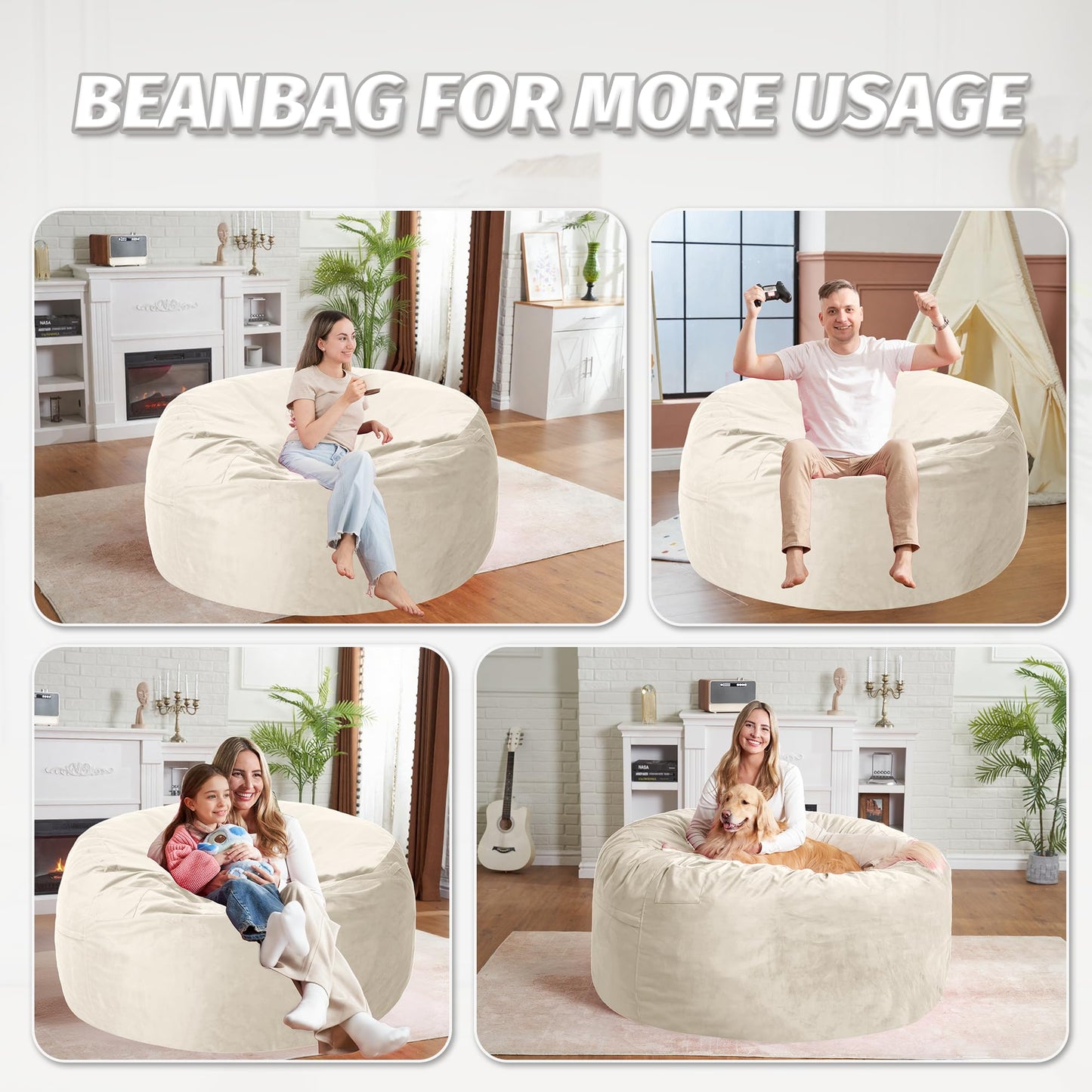 lilanoon 3FT Bean Bag Chair with Ultra Soft Velvet Cover Bean Bag Sofa with Memory Foam Bean Bag Chairs with Large Size Lazy Sofa for Dorm Office Living Room Bedroom Dark Beige 3'
