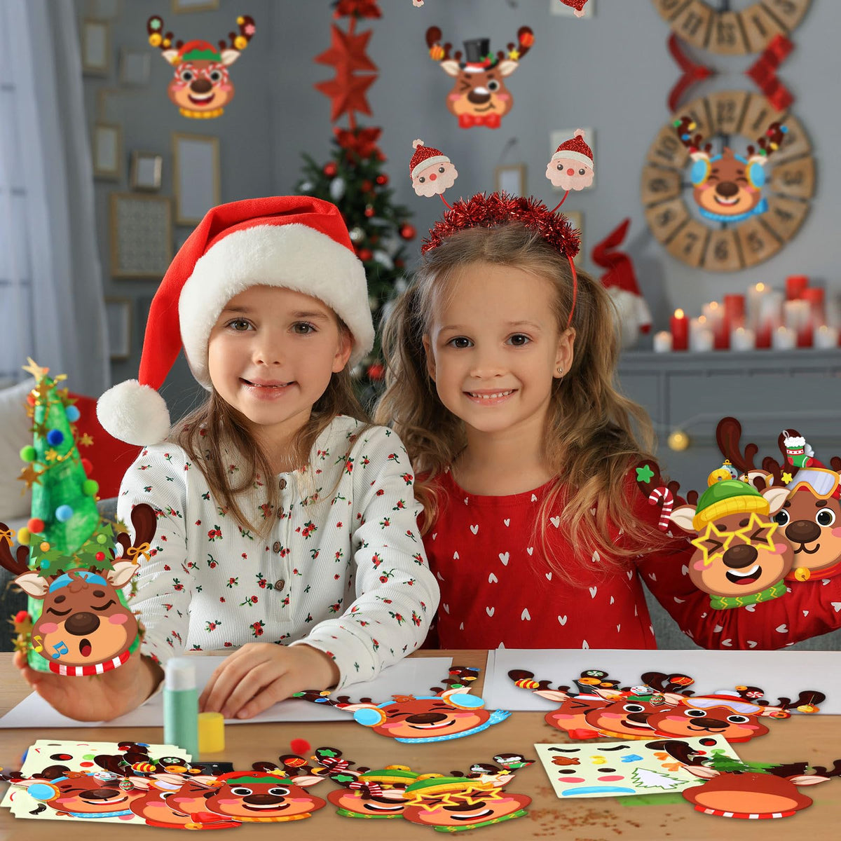 Pasimy 48 Pcs Christmas Crafts Kits for Kids Christmas Reindeer Ornament Crafts DIY Reindeer Ornament Kit Make Your Own Reindeer Craft Stickers for Holiday Xmas Classroom Party Favors