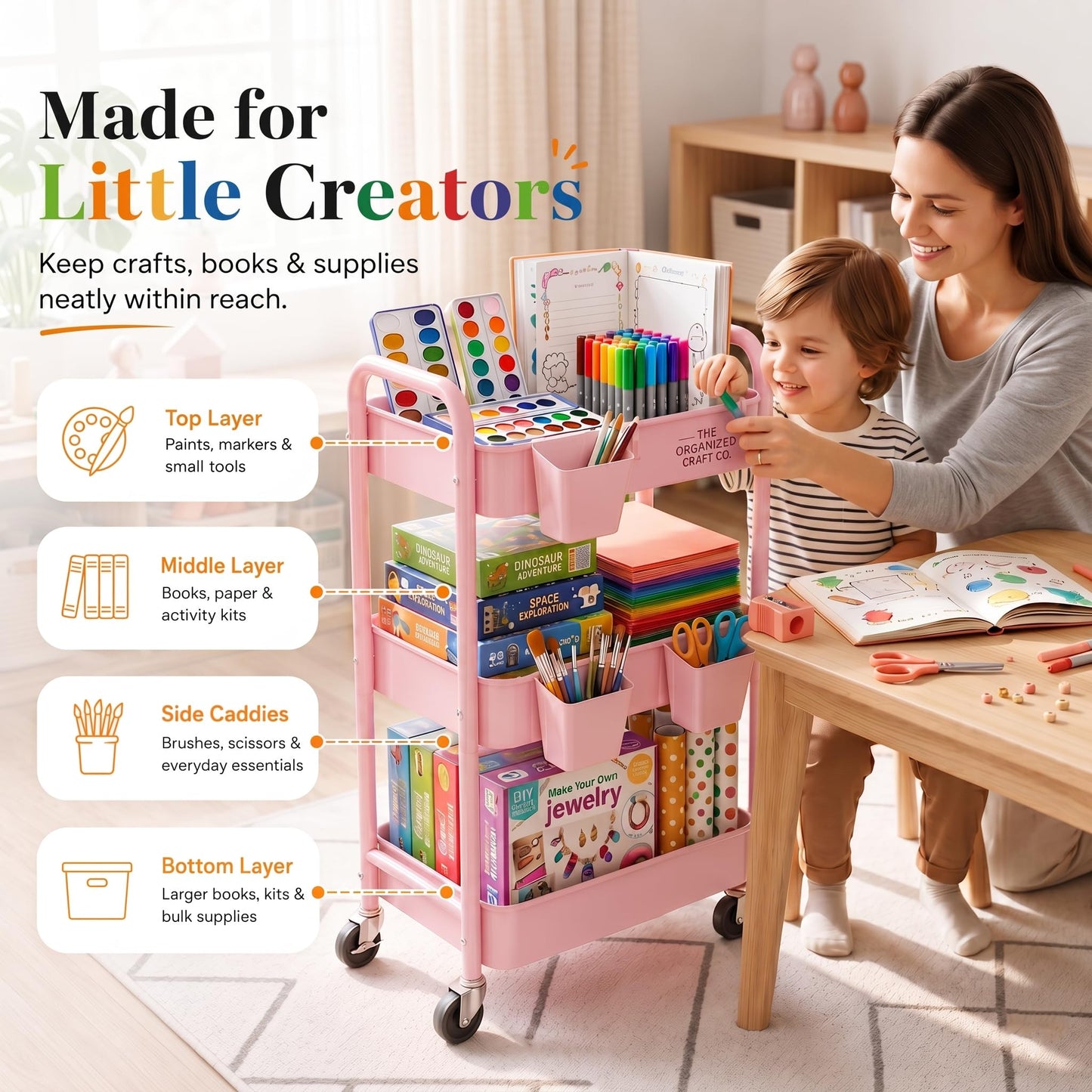 3 Tier Rolling Cart Metal with Lockable Wheels, Pink Three Tiered Diaper Caddy Cart Organizer on Wheels, Storage Utility Trolley Carts for Craft, Art, Nail, Lash, Baby Supplies, Cleaning, Mesh