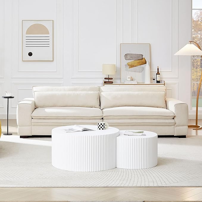 White Round Coffee Table Nesting Coffee Table Set of 2 Circle Fluted Cofee