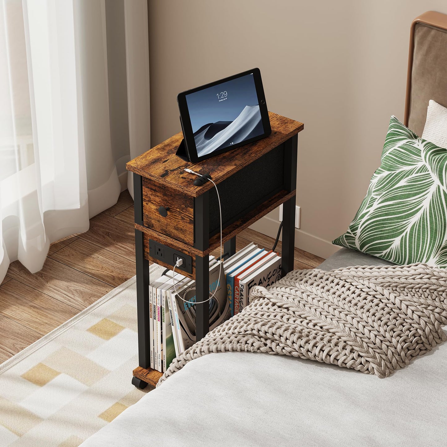 DGSANDGO Sofa Side Table Narrow End Table (1PC) - Rustic Brown & Black Two-Tone, Side Table with Charging Station (1 AC + 2 USB) & Storage Drawer, 4 Wheels Mobile Nightstand for Bedroom Living Room