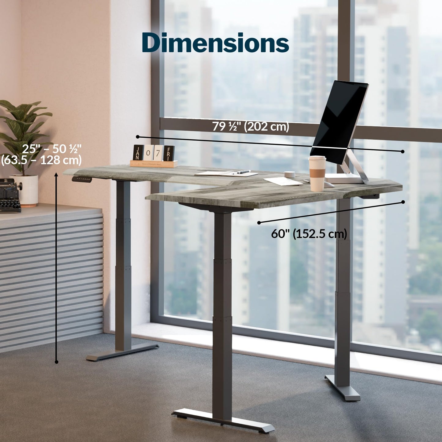 Vari ComfortEdge 80x60 L-Shape Electric Standing Desk – Height Adjustable Sit-Stand VariDesk for Corner Office with Reversible Left/Right Design + Driftwood/Slate Legs (Ships in 3 Boxes)