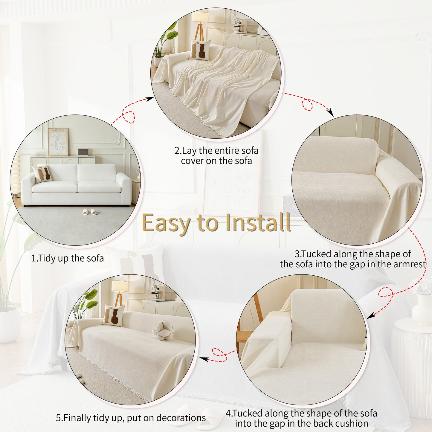 KaviKon Sectional Couch Covers 2-Piece for L Shape Sofa, Chenille Washable Sofa Cover for 2-3 Cushion Couch, Non-Slip Furniture Protector for Dogs,Pets, Soft Couch Blanket Slipcovers Sets (L-Cream)