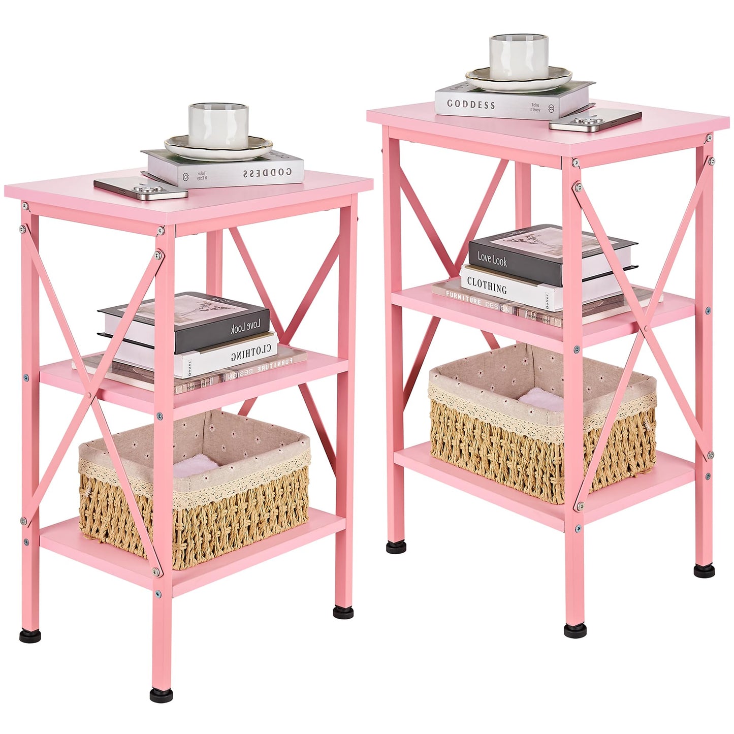 VECELO End Table Set of 2, Bedside Table, 24" Tall Living Room End Tables, X-Design Reinforced Nightstands, Side Table with 3-Tier Storage Shelves for Small Spaces, Office, Bedroom, Pink