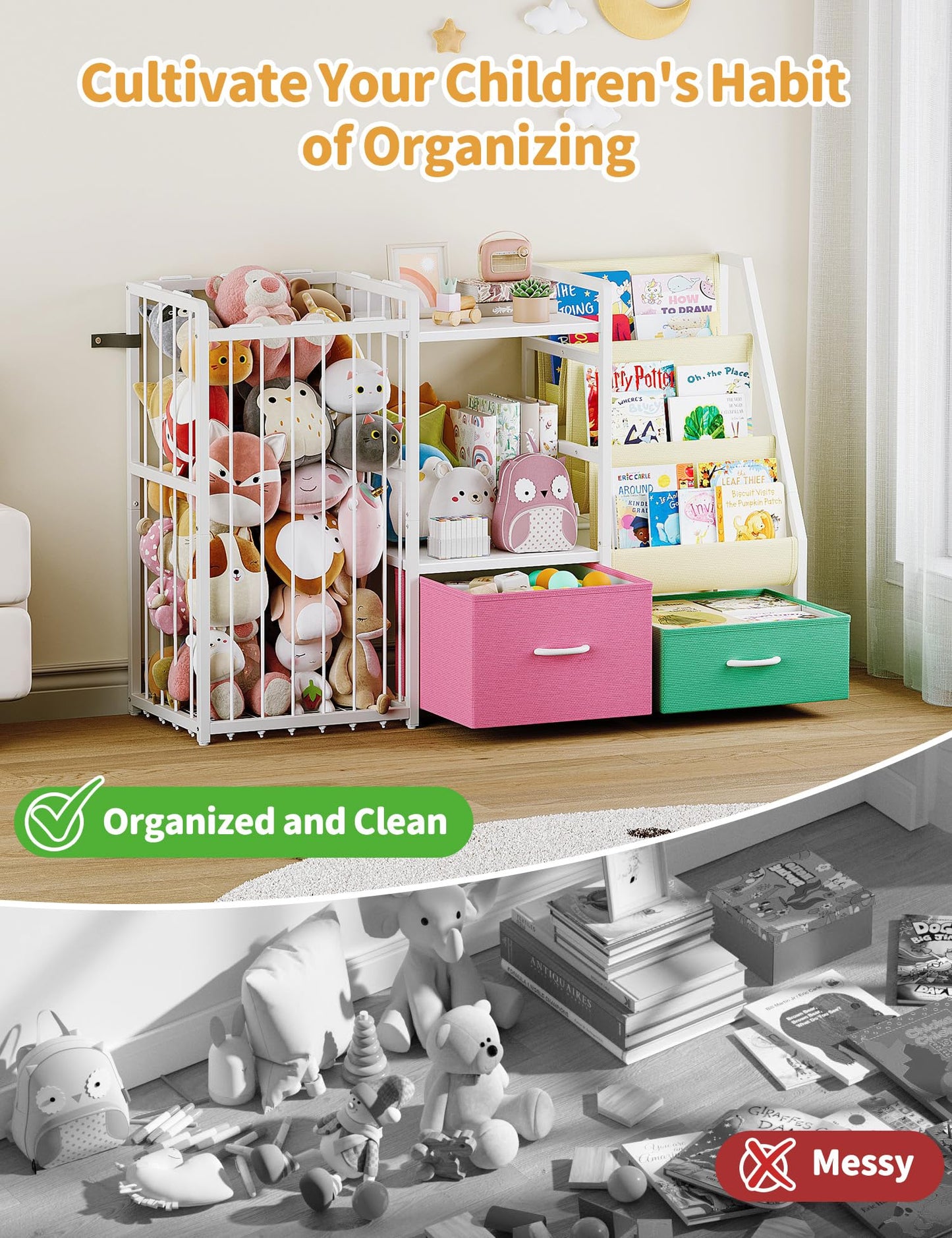 Twinkoo Kids Bookshelf and Toy Storage, Large 3 Tier Book Shelf for Kids Rooms, Sling Baby Bookcase with Stuffed Animal Storage, Toddler Montessori Bookshelf (Pink&Green, 3 Column)