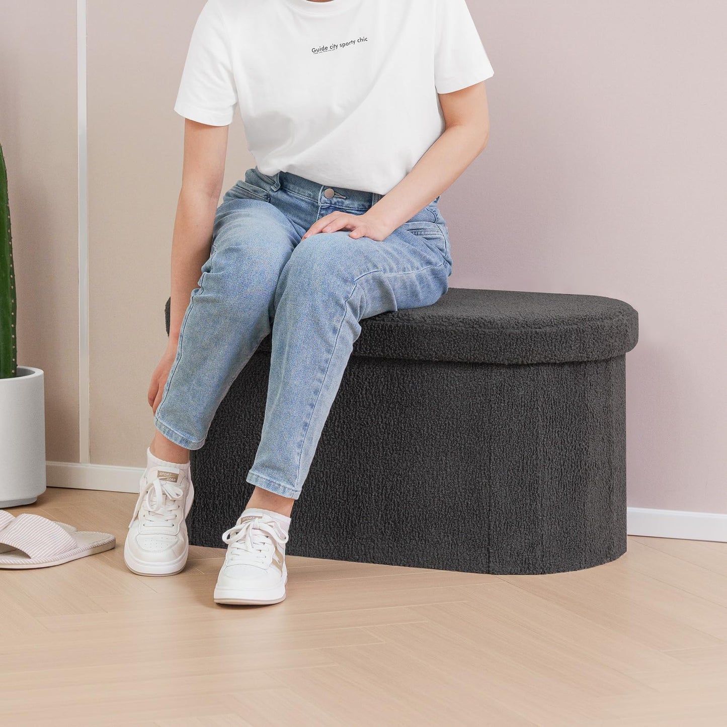 B FSOBEIIALEO Ottoman with Storage for Living Room, Sherpa Folding Storage Ottoman Foot Rest, 30 Inches Collapsible Bedroom Bench Dark Grey