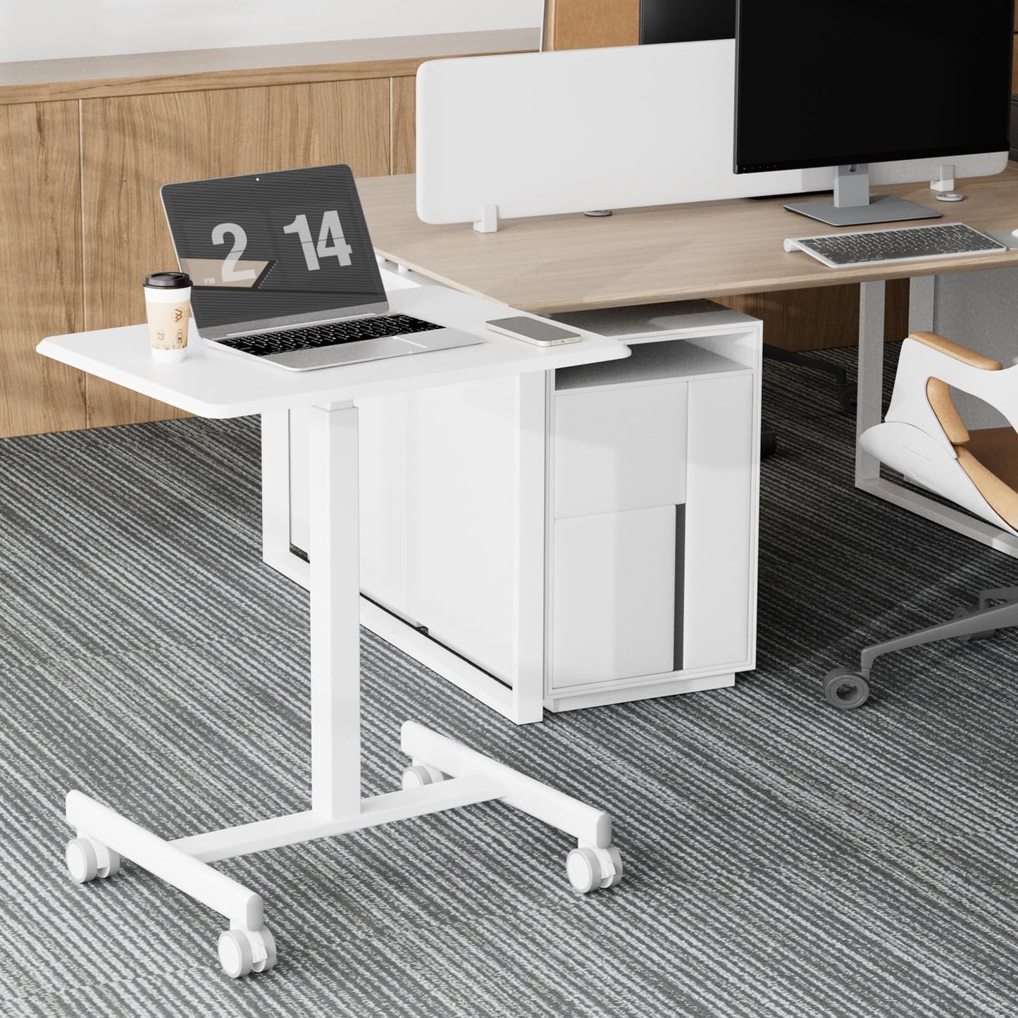 OLIXIS Small Standing Desk with Locking Wheels, Mobile Portable Rolling Laptop PC Table, Adjustable Height Computer Workstation for Home Office, 19 Inch, White