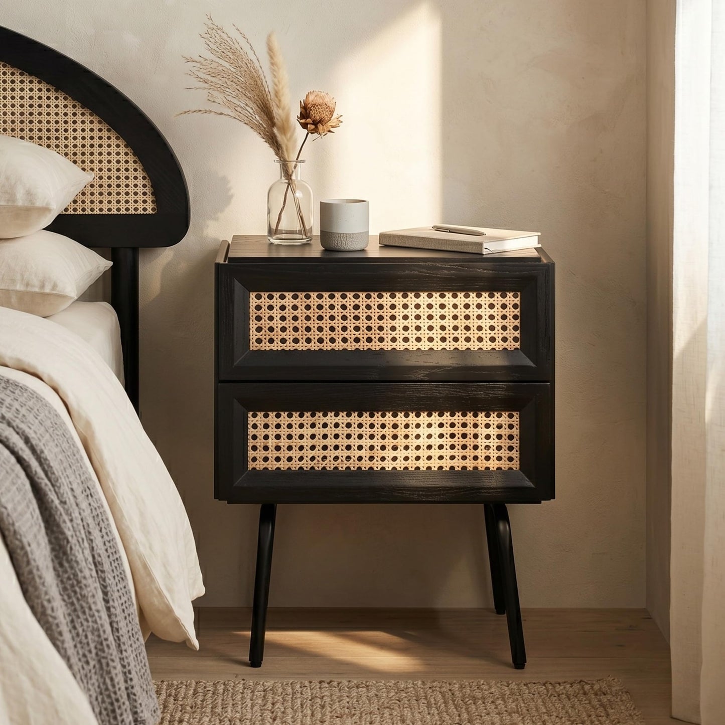 NTC Solid Oak Drawer Face Lulu Nightstand with Natural Rattan Drawer, Mid-Century Side Table for Bedroom, Bedside Furniture, End Table – Waterproof, Heat Resistant, Easy to Assemble – Burnt Black