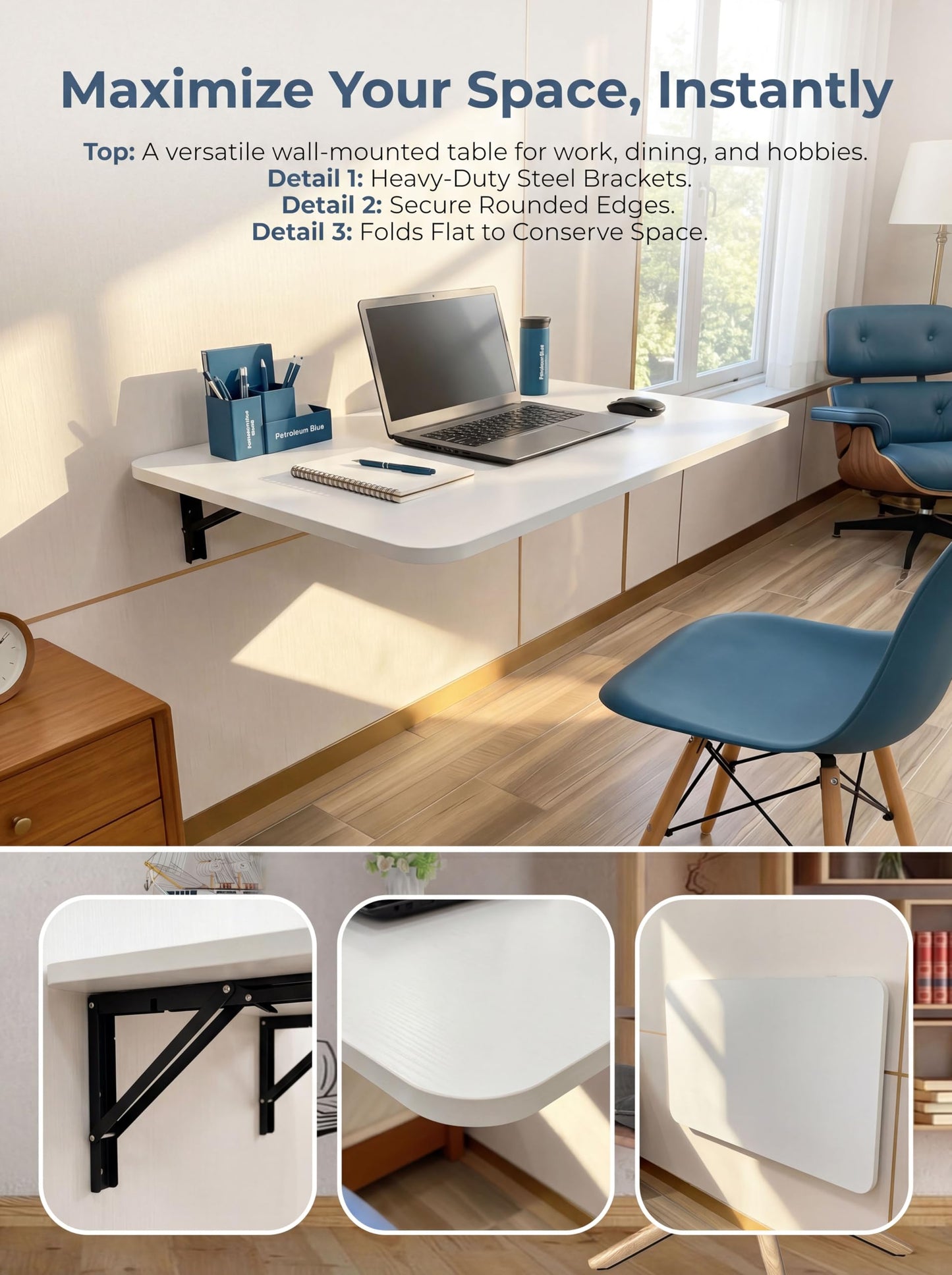 DAZIMOU 31 "x22.8 Wall Mounted Folding Table with Foldable Bracket, Suitable for Folding Tables on Balconies, Laundry Rooms, Kitchens, Home Offices, bedrooms, and Living Rooms (White)