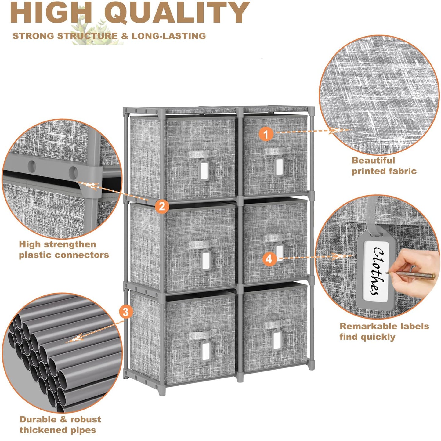 LUKYTOWER Cube Storage Organizer Shelf with 6 Printed Bins + Labels, Adjustable Modular Cubby Storage Organizer with Bins, Large Capacity Shelves for Storage,Closet, Living Room, Dorm, Yarn
