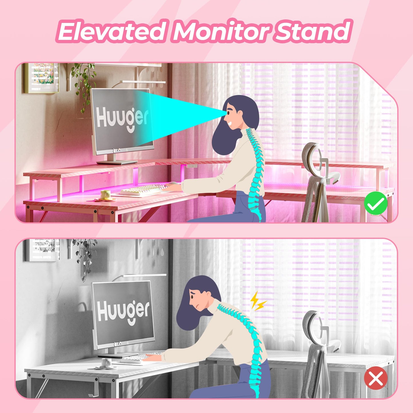 Huuger L Shaped Gaming Desk with Power Outlets & LED Lights, Computer Desk with Monitor Shelves, Carbon Fiber Surface, Home Office Desk, Corner Gaming Desk with Hooks, Carbon Fiber Pink