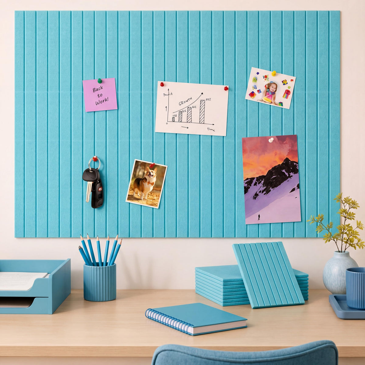 Honoson 12 Pack 48"x 36" Large Cork Board Alternative Felt Bulletin Board Wall Tiles with Safe Square Adhesive Roll Cork Tiles for Walls Home Office Classroom Back to School Pin Panels(Lake Blue)