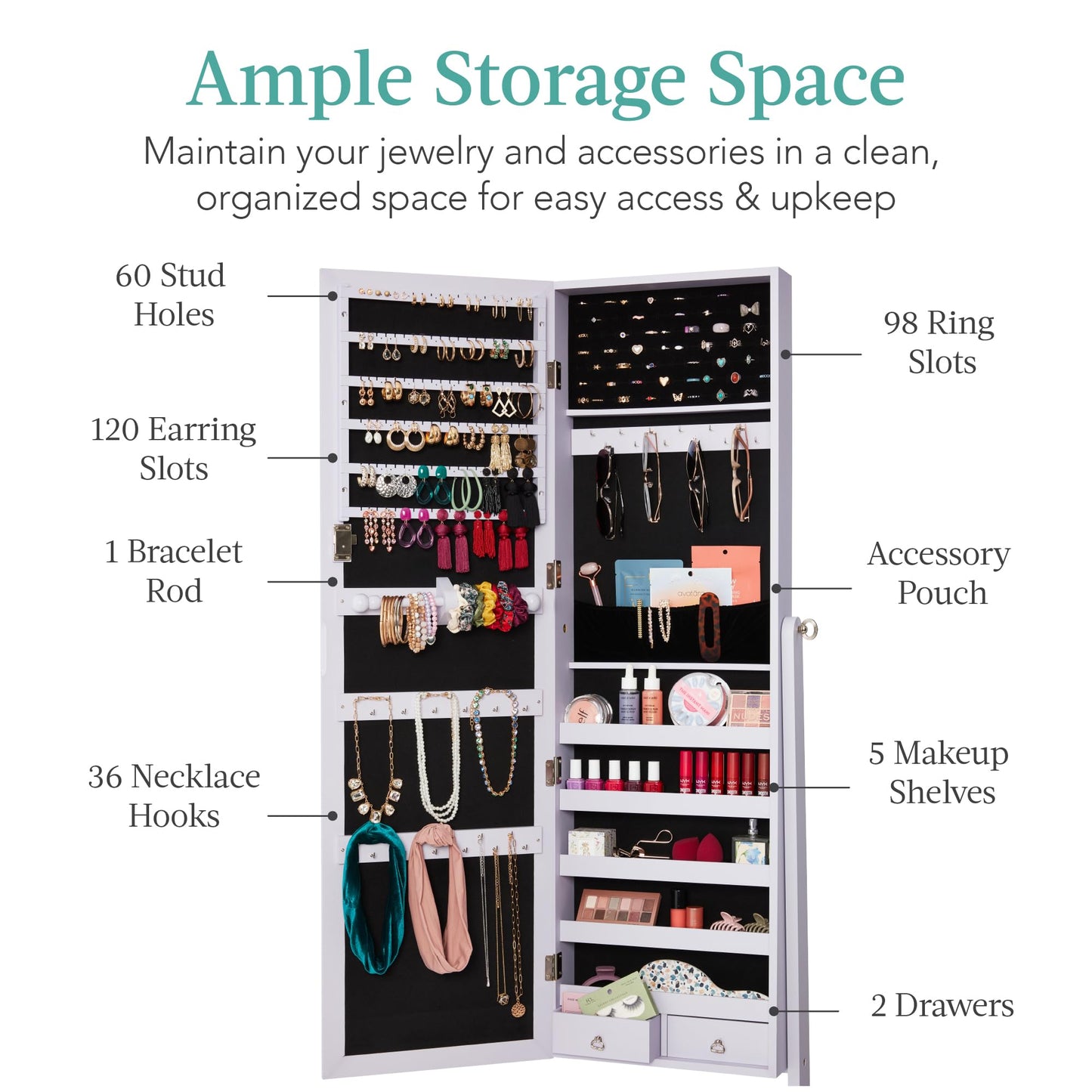 Best Choice Products Freestanding Jewelry Armoire Cabinet, Full Length Standing Mirror, Lockable Makeup Storage Organizer, w/Velvet Lining, 3 Angles, Lock, Accessory Pouch, 5 Shelves - Lavender