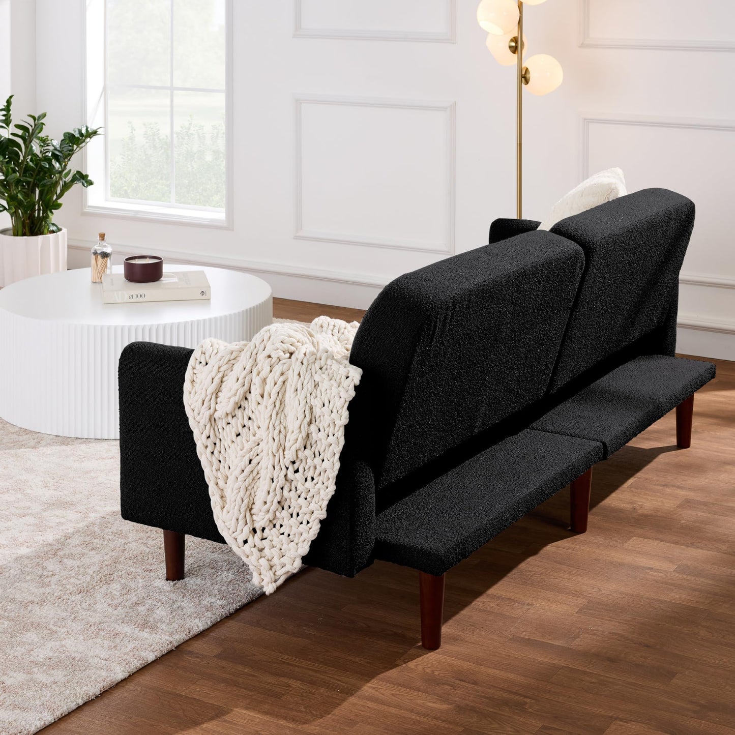 Best Choice Products 77" Mid Century Modern Boucle Loveseat Sofa, Couch, Convertible Sofa Sleeper Bed w/Real Wood, Removable Armrest - Midnight Black