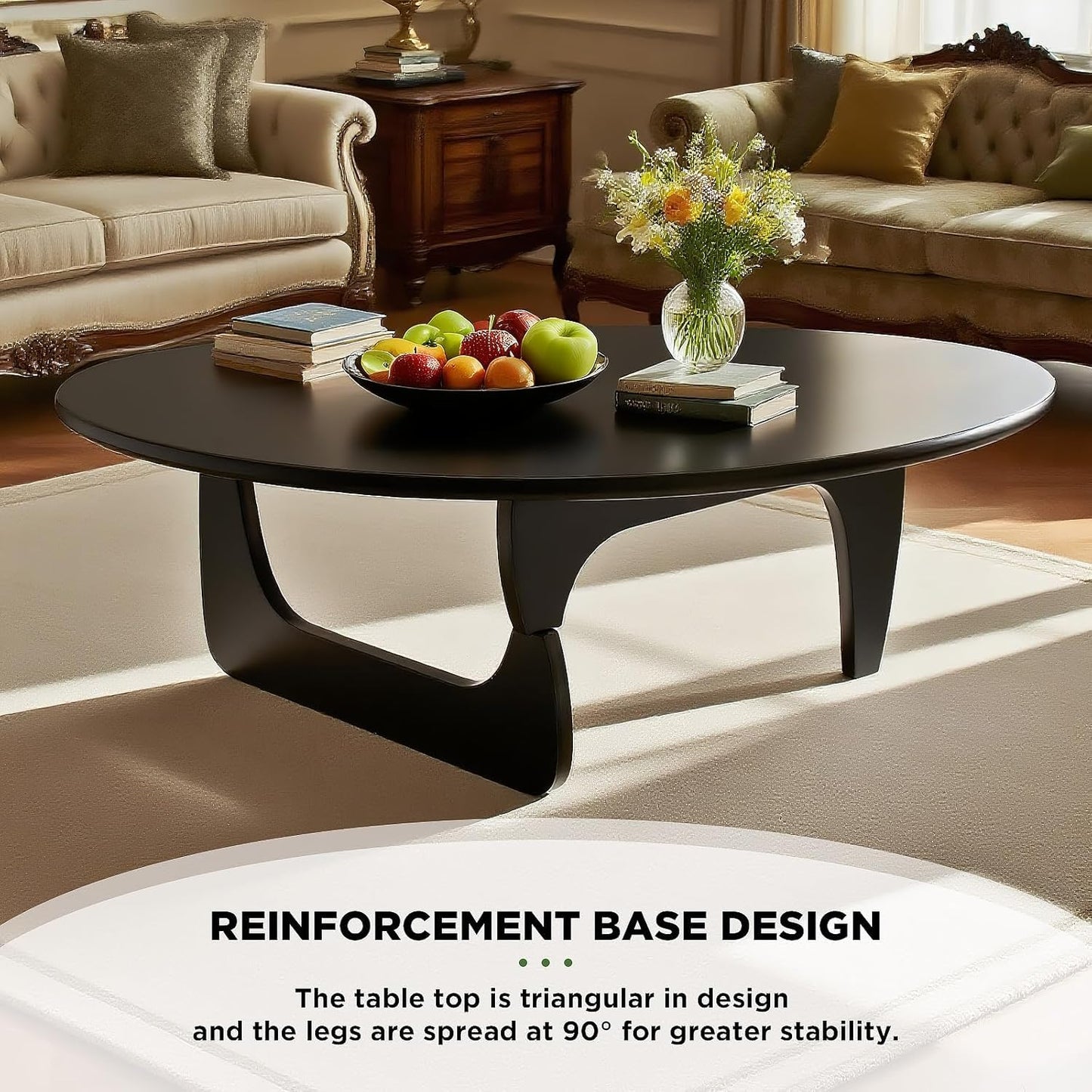 Solid Wood Triangle Coffee Table,Unique Mid Century Modern Oval Coffee Table,Irregular Geometric Tea Tables for Home Living Room with Wooden Tabletop and Reinforced Legs Black 35" L x 24" W x 16" H