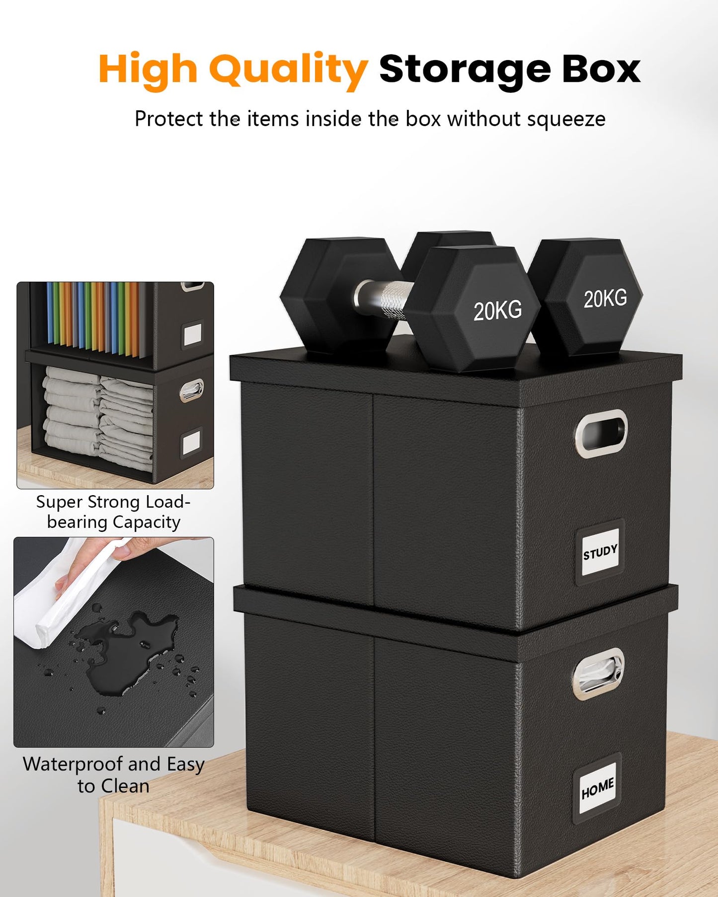 Oterri File Organizer Box with Lid - Portable Hanging File Box for Letter/Legal Files, Office/Decor/Home, 1 Pack, Black Leather
