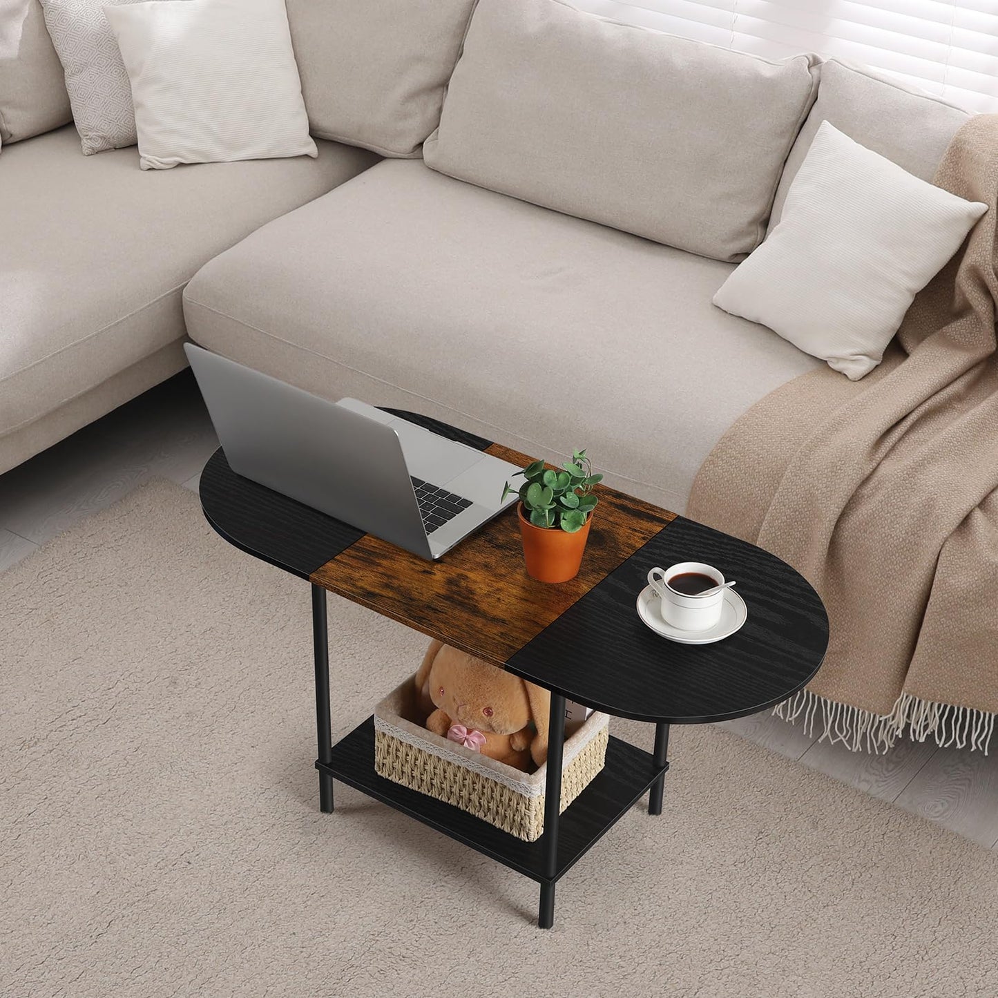 Farmhouse Oval Coffee Table with Storage, 2-Tier Wood Center Table for Living Room, Mid Century Modern Coffee Table Low Cocktail Tea Table for Small Space, Office, Apartment, Brown & Black