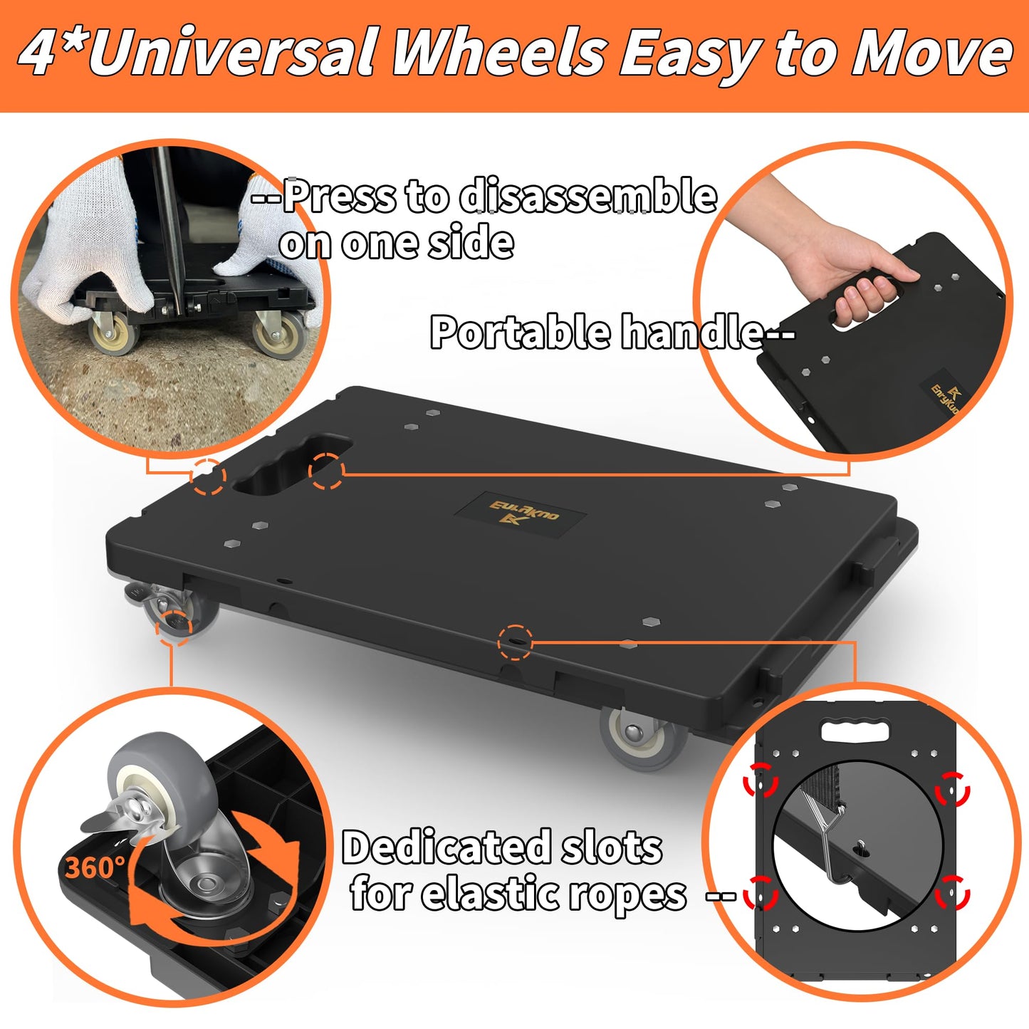 EnryKuo Large Connectable Heavy Furniture Movers with 4 Wheels and Removable Pull Handle, 1760 Lbs Max Capacity, 360° Swivel Casters for Furniture, Appliances, Warehouse, Garage & More, 4-Pack, Black
