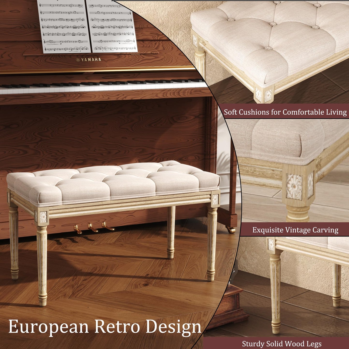 Yusong Upholstered Bench, Bedroom Bench for End of Bed, Piano Bench with Button Tufted Padded Seat for Living Room, Dining, Entryway, Shoe, Vanity Foot-Stool with Carved Wood Legs, Beige