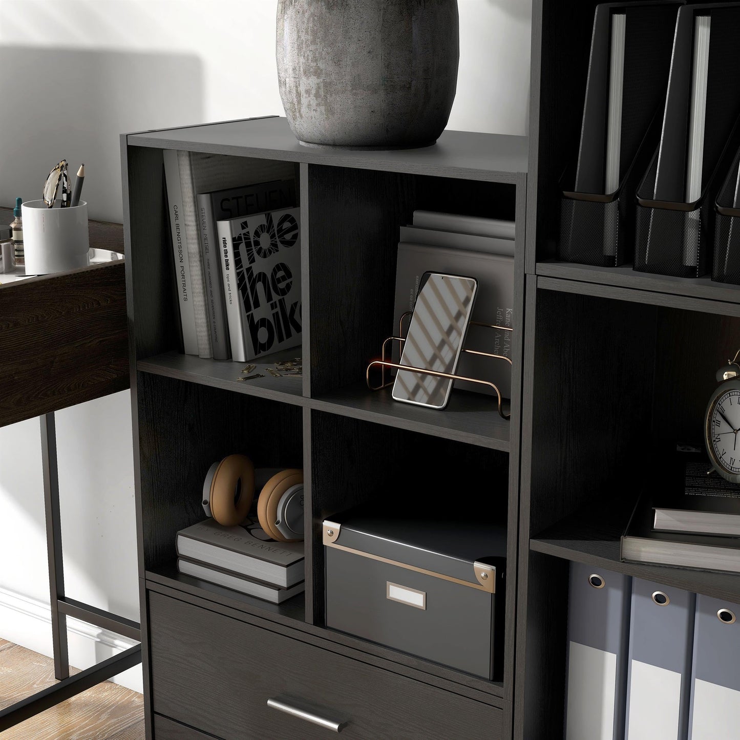Homes: Inside + Out Apexa 4-Cube Storage Organizer Shelves, Stackable Wood Bookcase Fits Cubby Bins for Organization, Dorm Teen Room Decor & Home Office, Black