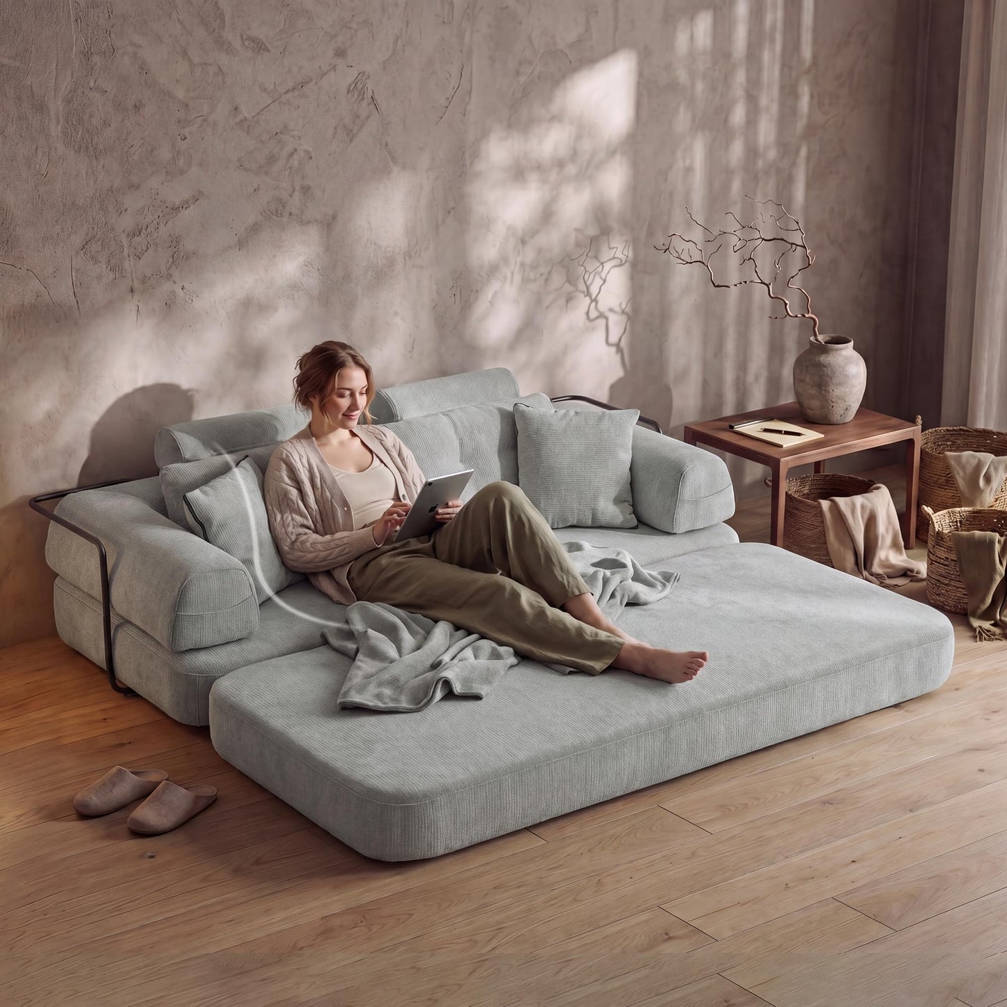 Boneless Floor Sofa, 3-in-1 Convertible Loveseat Sleeper Futon, Modular Small Space Couch Bed with High Headrests & Side Storage Pockets & 2-in-1 Pillow Blanket for Living Room, No Assembly, Bedroom