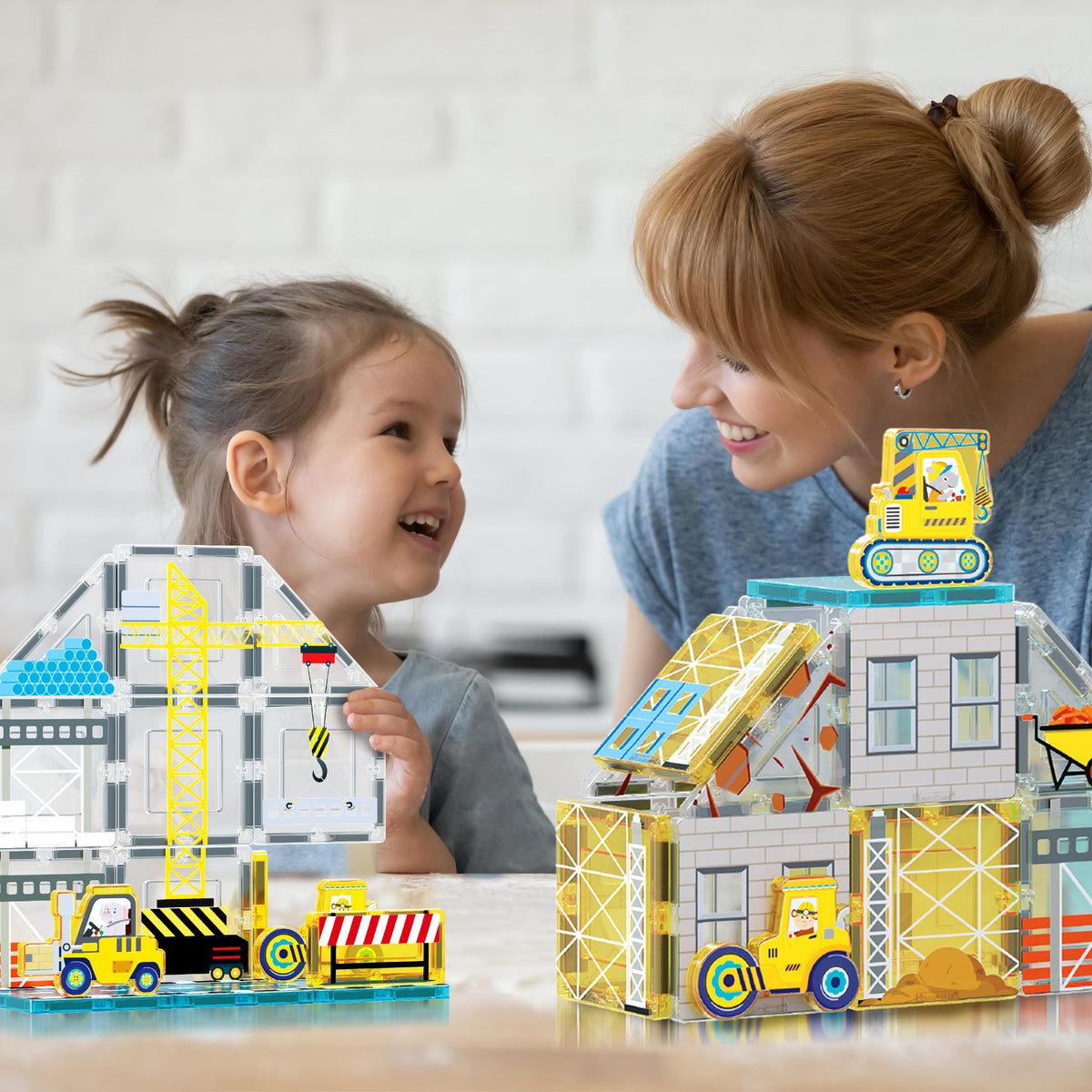 PicassoTiles Magnet Tiles Magnetic Building Blocks with 8 Construction Vehicles Crank Truck Excavator Bulldozer Road Roller Concrete Mixer Tractor Dump Truck Forklift Toys Learning Kids Ages 3+ PTQ11