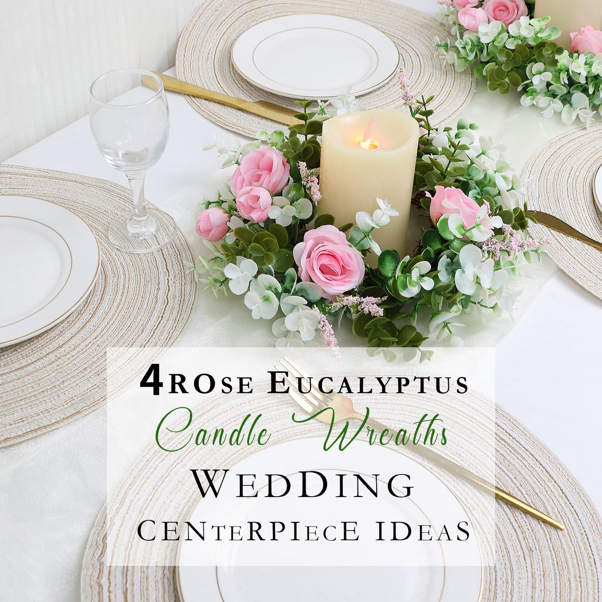 Acmee 4 Pcs Rose Candle Rings - Artificial Pink Floral Wreaths with Eucalyptus Leaves Greenery Garland for Pillar Candleholders Wedding Centerpiece Party Home Table Decor