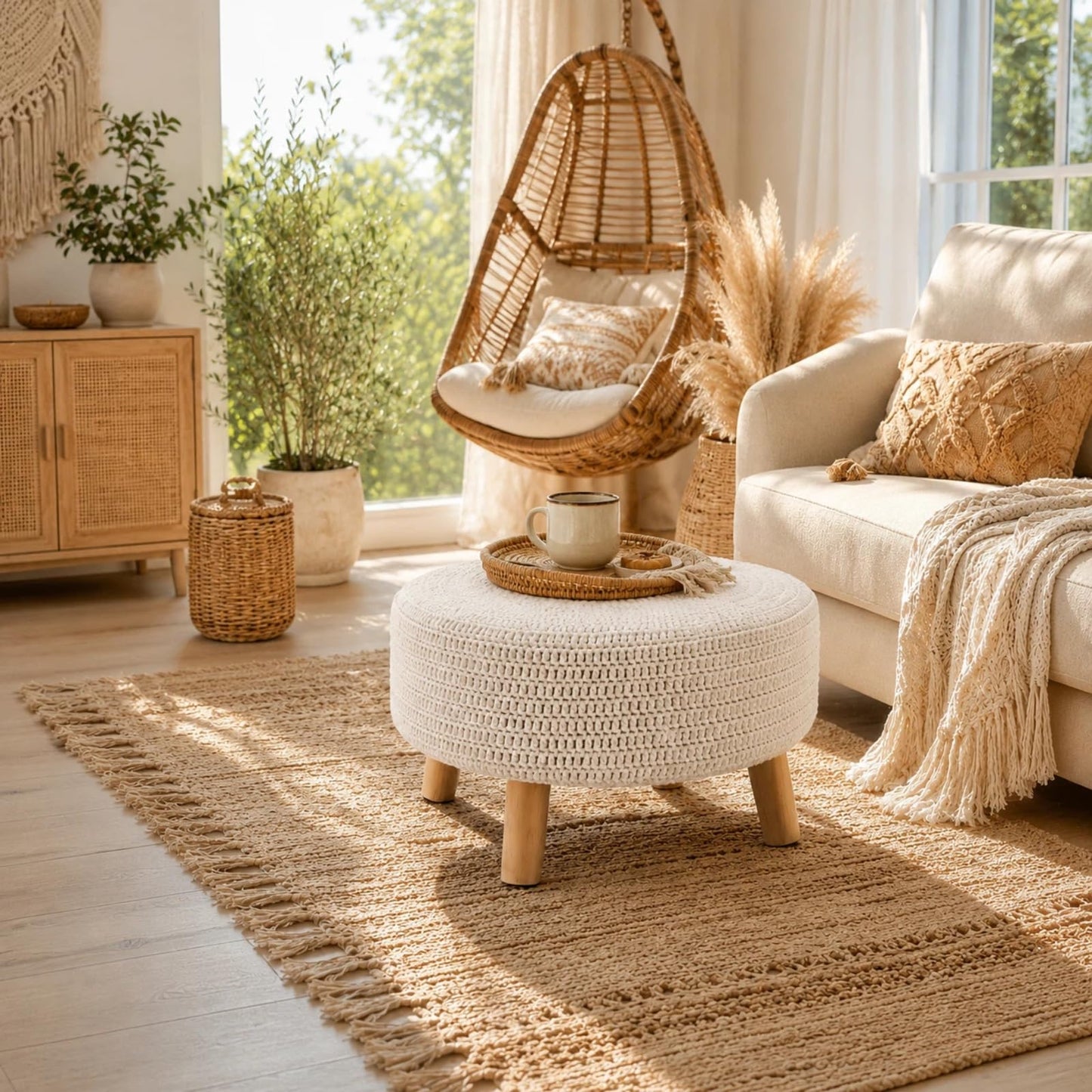 Wimarsbon Pouf Ottoman, 100% Cotton Knitted Boho Footstool, Round Footrest with Non-Skid Wood Legs, Home Décor Handmade Pouffe, Leisure Floor Step Stool for Living Room (20" White)