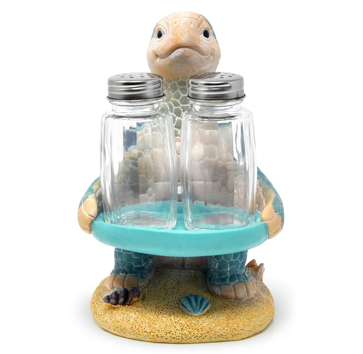 Sea Turtle Salt and Pepper Shakers Set with Holder, Coastal Beach Kitchen Table Decor, Ocean Themed Resin Figurine Set