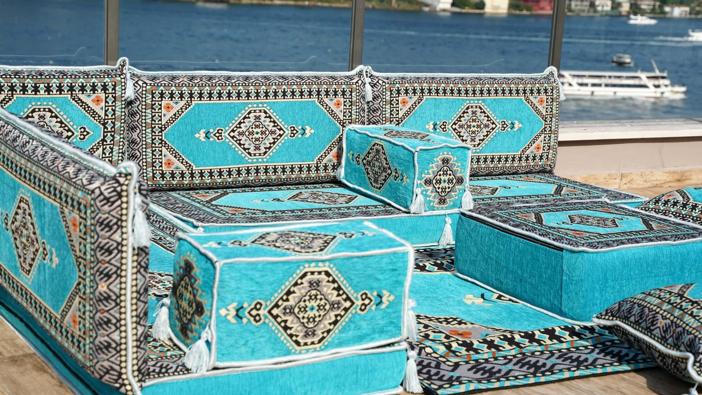 L Shaped Arabic Floor Cushions, Sectional Sofas, Arabic Majlis Set, Custom Made Sofa, Arabic Sofa Set, Seating Cushions (4'' Thickness Sofa, L Sofa Full Set, Turquoise)
