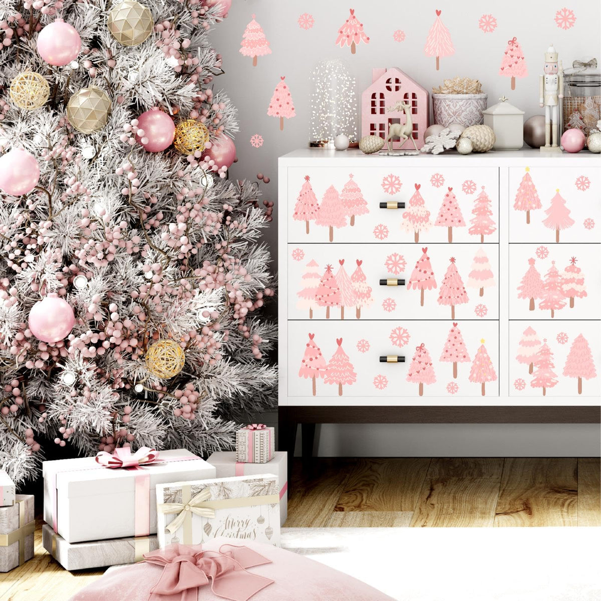 Pink Christmas Tree Wall Decals Merry Christmas Wall Stickers Peel and Stick Xmas Snowflake Sticker for Crafts Decoration Home Indoor Pink Pine Tree Decal for Kids Bedroom Winter Holiday Party Decor