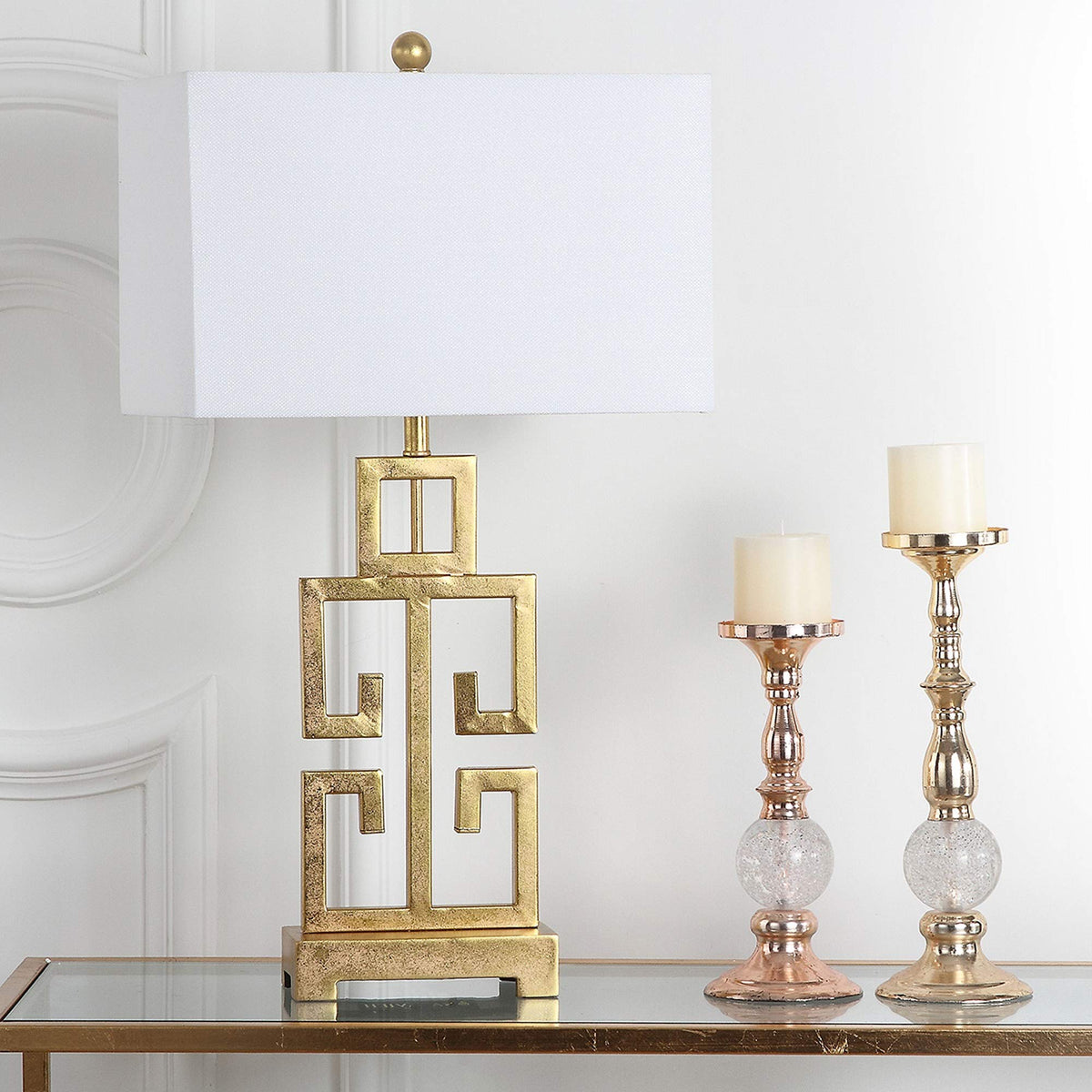 SAFAVIEH Lighting Collection – Greek Key Table Lamp – Antique Gold Metal Base with White Fabric Shade, LED Bulb Included, 29-Inch Bedroom Living Room Desk Lamps (LITS4305A)