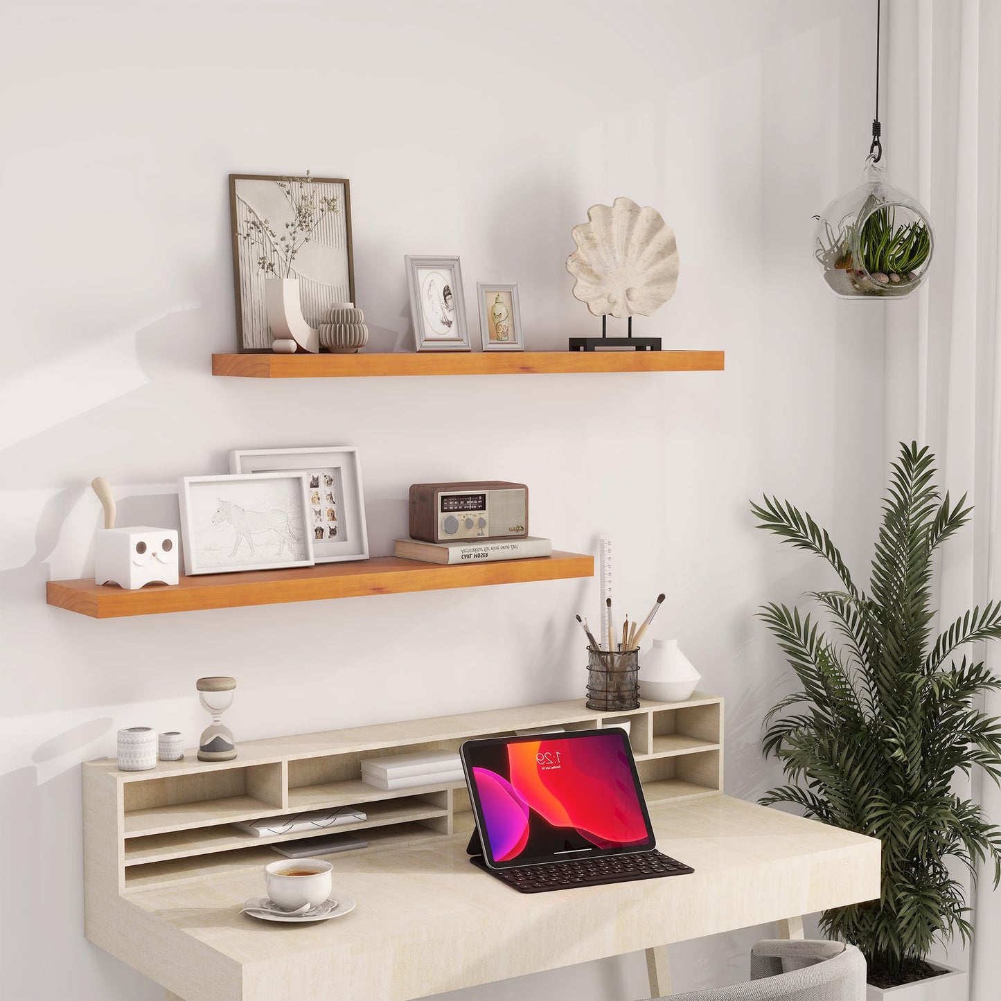 Vivelove Solid Wood Floating Shelves 36 Inches Long, 8”Deep x 1.4” Thick Wall Shelves for Bathroom, Living Room, Kitchen, Bedroom, Office, Rustic Farmhouse Home Decor, Set of 2 - Honey Oak