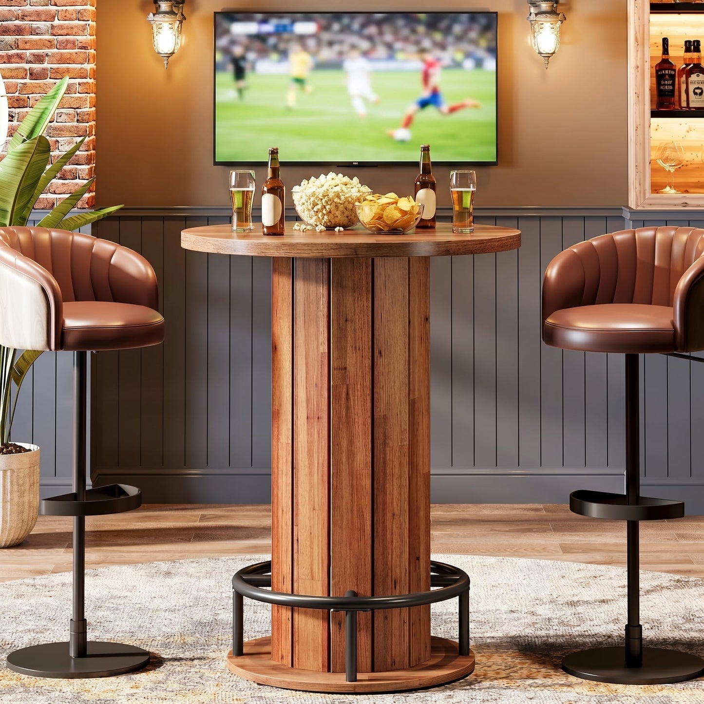 Tribesigns Round Bar Table, 39.4" H Wood Bistro Pub Table with Metal Ring Footrest for Dining Coffee Cocktail Living Room, Small Space, Walnut Brown (Only Table)