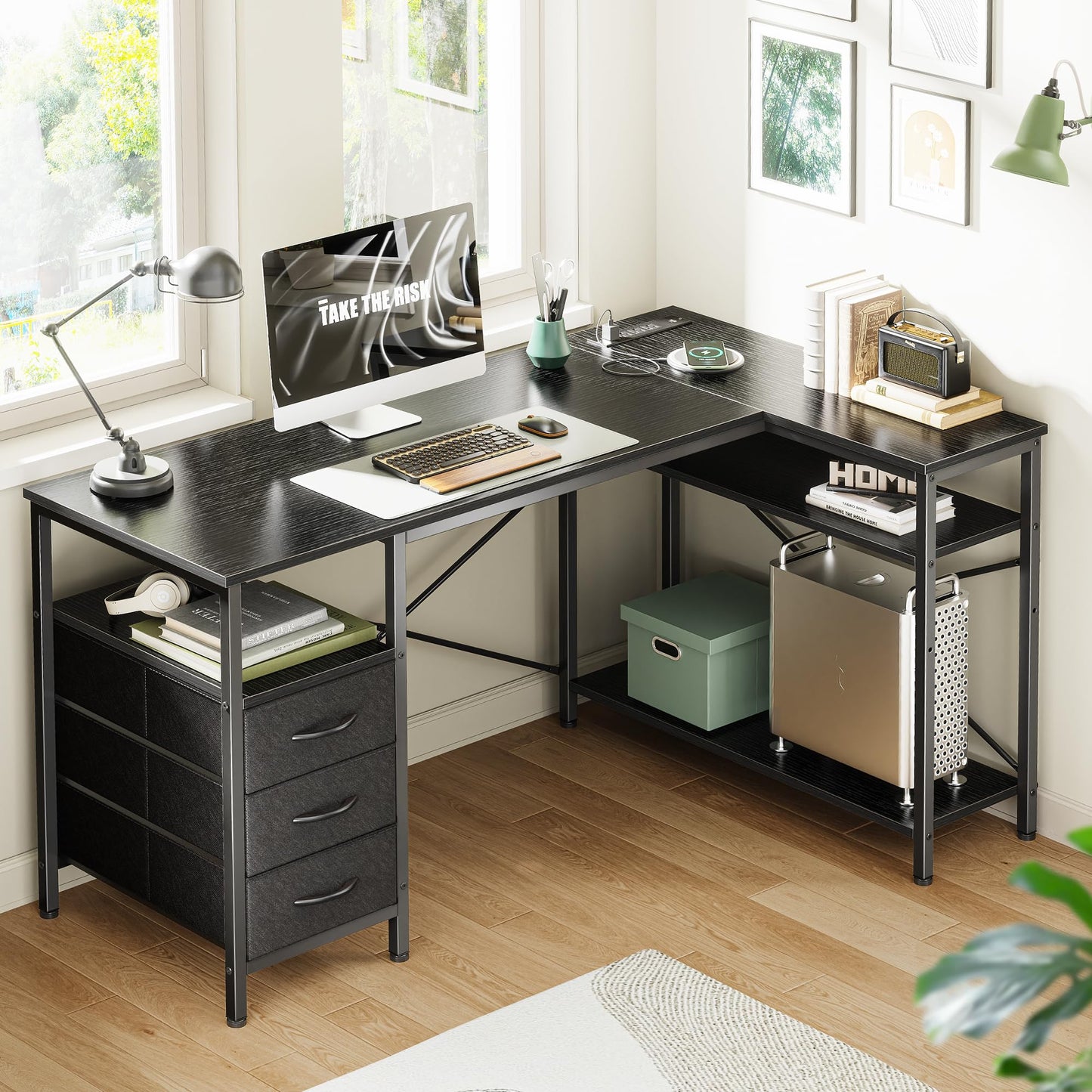 Huuger L Shaped Office Desk with Power Outlets, 47 Inch Computer Desk with 3 Drawers, Shelves, for Gaming, Corner Work, Home Office, Study, Black