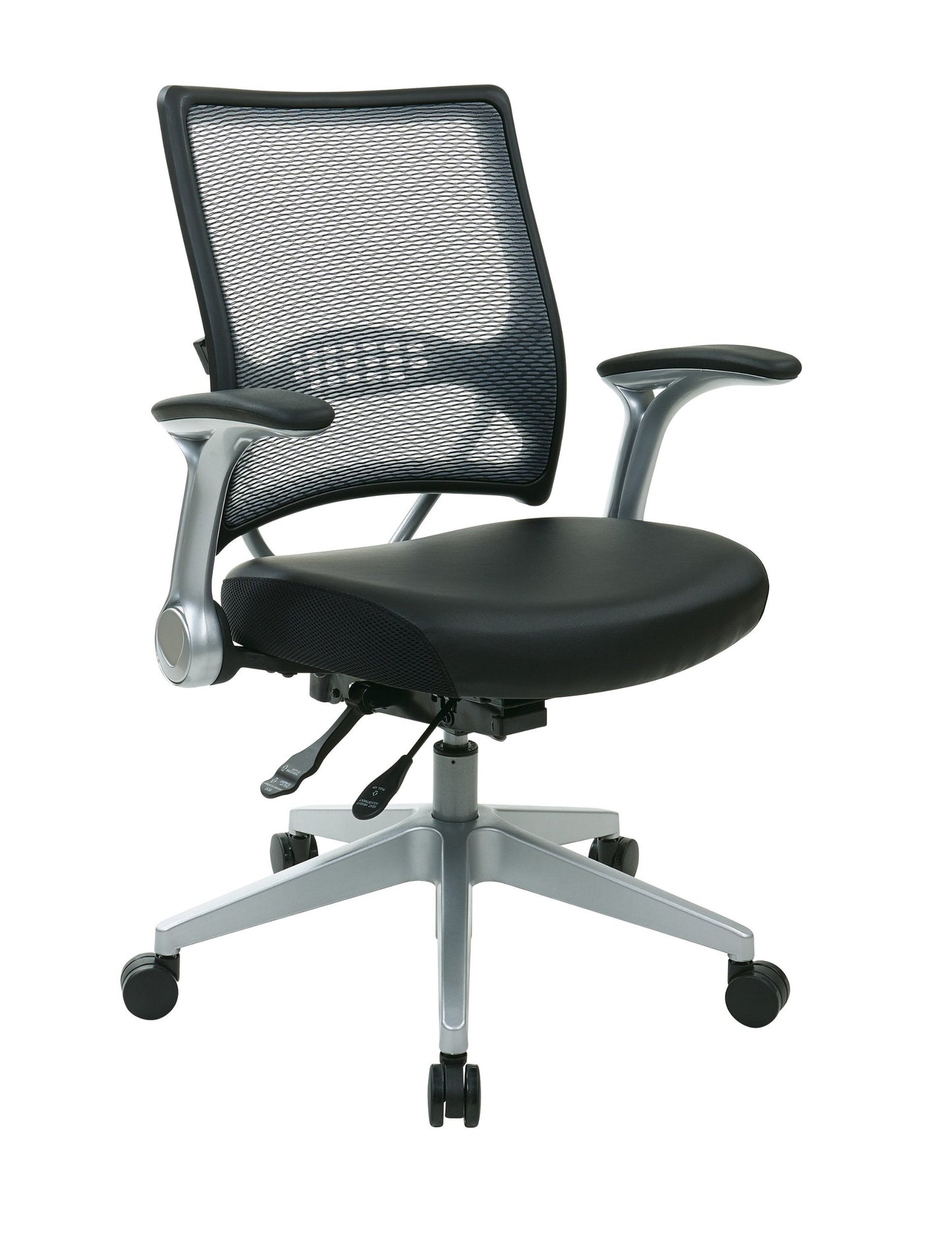 Space Seating 67-E36N69R5 AirGrid Light Back and Padded Black Eco Leather Seat, 2-to-1 Synchro Tilt Control, Flip Arms, Pneumatic Seat Height Adjustment and Managers Chair, Nylon Finish Base