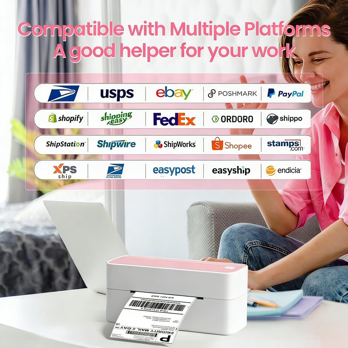 Phomemo Bluetooth Thermal Label Printer, 241BT 4X6 Wireless Shipping Label Printer for Small Business, Pink Labels Printers for Shipping Package, Compatible with iPhone, Android, Shopify, Amazon, USPS